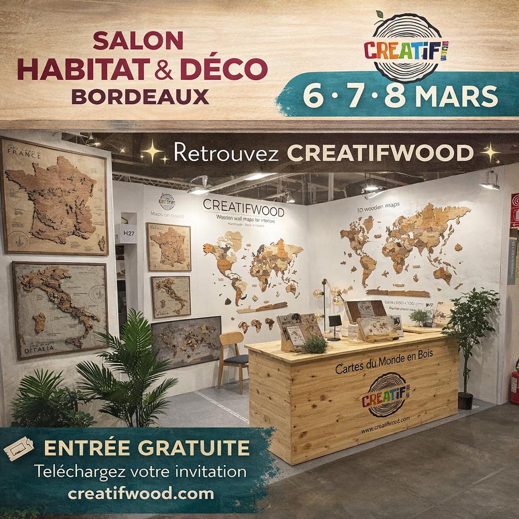 ✨ CREATIFWOOD au Salon Habitat & Déco Bordeaux ✨
Nous sommes heureux de vous inviter à nous rencontrer les 6, 7 et 8 mars au
📍 Parc des Expositions – Bordeaux
📌 Stand F10
Venez découvrir nos cartes du monde en bois, nos modèles 2D & 3D, et échanger avec nous sur vos projets décoration ✨
C’est l’occasion parfaite pour voir nos créations en vrai, découvrir les finitions et choisir la carte idéale pour votre intérieur.
🎟 Nous vous offrons votre entrée gratuite :
👉 Téléchargez votre invitation ici :
https://drive.google.com/file/d/1-Zy_QcQhBAL2TPe4qA3a9T65TRq6f2E6/view?usp=drivesdk
Nous avons hâte de vous rencontrer 🤍
#creatifwood #salonhabitat #decointerieur #cartedumonde #bordeaux