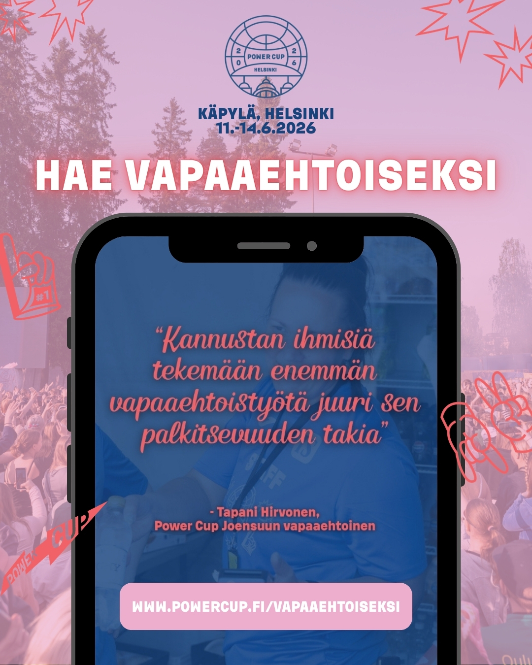 Vapaaehtoistyön palkitsevuus vie mukanaan – Power Cupin vapaaehtoisena pääset kokemaan ainutlaatuisen tapahtumatunnelman.💙🏐
Lähde mukaan luomaan kesän parhaita muistoja Power Cupiin Helsinkiin!✨ Hae vapaaehtoiseksi ja ole osa maailman suurinta lasten ja nuorten lentopallofestivaalia.😍💪
Lue lisää osa-alueista ja ilmoittaudu mukaan ➡️ www.powercup.fi/vapaaehtoiseksi/ 🔥
Vapaaehtoishaku päättyy 16.4.2026.⏰
#powercup #poweriakentälle #lentopallo