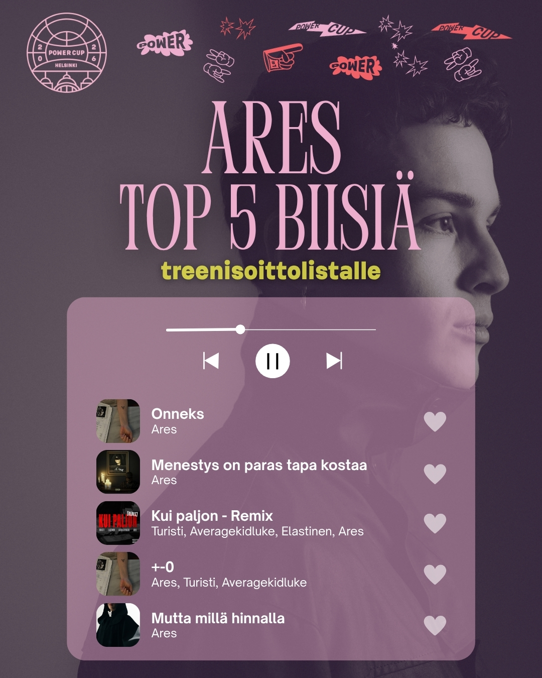 Se fiilis, kun eilen julkaistu artisti ei jätä ajatuksia rauhaan…😍🔥
Ares on tulossa Power Cupiin – ja nyt on täydellinen hetki virittäytyä jo avajaisten tunnelmaan!😎💥
Päivitä treenisoittolista kuntoon ja laita ainakin nämä Areksen biisit pyörimään treeneihin!🎧
#powercup #lentopallo #poweriakentälle