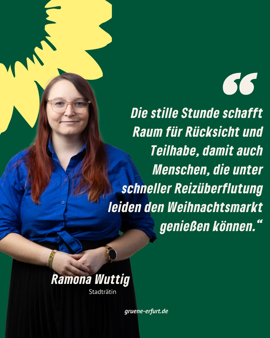 Stille Stunde auf dem Erfurter Weihnachtsmarkt 🎄✨
Jeden Sonntag zwischen 11 und 12 Uhr wird der Domplatz zur “Ruhezone”: keine Musik, kein grelles Licht, keine Durchsagen. Ein bewusst geschaffener Raum, der zeigt, wie inklusiv Stadtfeste sein können. 💚
Für Menschen mit Autismus, ADHS, Long Covid, Angststörungen, Epilepsie oder sensorischer Empfindlichkeit bedeutet das weniger Stress und mehr Teilhabe. Ein kleines Zeitfenster – mit großer Wirkung.
Unsere Stadträtin Ramona Wuttig hat die Stille Stunde im Stadtrat angestoßen, weil Erfurt ein Weihnachtsmarkt für alle sein soll. Städte wie Jena und Halle machen es vor, und Erfurt zeigt jetzt: Rücksichtnahme ist kein Trend, sondern Fortschritt. ✨
Stille ist kein Verzicht. Stille ist eine Einladung.
Wart ihr schon auf dem Weihnachtsmarkt? 🎁
#StilleStunde #WeihnachtsmarktErfurt #Inklusion #GrüneErfurt #Barrierefreiheit #TeilhabeFürAlle #Erfurt #Domplatz