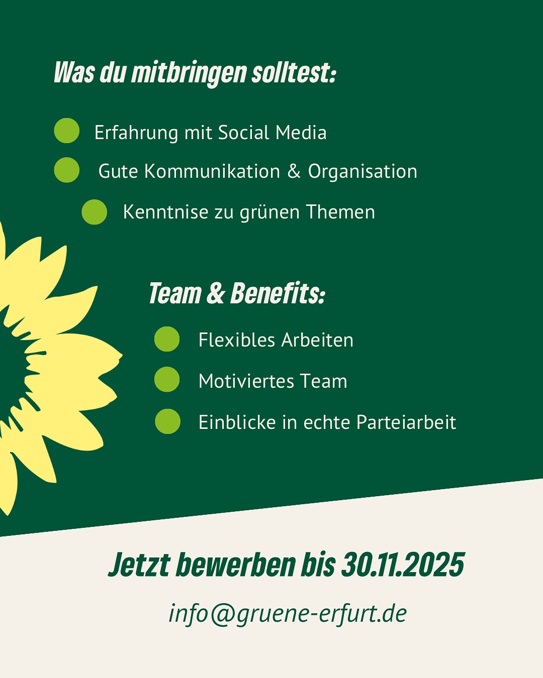 Wir suchen Verstärkung für unsere Öffentlichkeitsarbeit! 💚
Du hast Freude daran, Social-Media-Auftritte strategisch zu gestalten, Inhalte zu planen, Reels zu produzieren und politische Themen verständlich zu vermitteln? Dann möchten wir dich kennenlernen.
Du arbeitest eng mit Kreisverband und Stadtratsfraktion zusammen, unterstützt Ehrenamtliche bei eigenen Beiträgen und begleitest Aktionen sowie Veranstaltungen auch mal direkt vor Ort. Du kannst eigene Ideen einbringen, Neues ausprobieren und selbstständig arbeiten – in einem motivierten Team, das dich unterstützt.
Bewerbung bis zum 30.11. an:
📩 info@gruene-erfurt.de
Mehr Infos findest du in der Stellenausschreibung in unserer Bio. ✨
