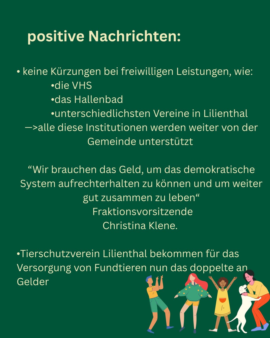 Der Haushalt der Gemeinde Lilienthal für 2026/27 wurde vom Gemeinderat verabschiedet.
Auch wir Grüne konnten trotz keiner Mehrheit im Gemeinderat Erfolge verzeichnen.
Mehr Infos finde ihr im Ratsinformationssystem der Gemeinde und mehr zu unseren Erfolgen & Anträgen auf unserer Webseite gruene-lilienthal.de