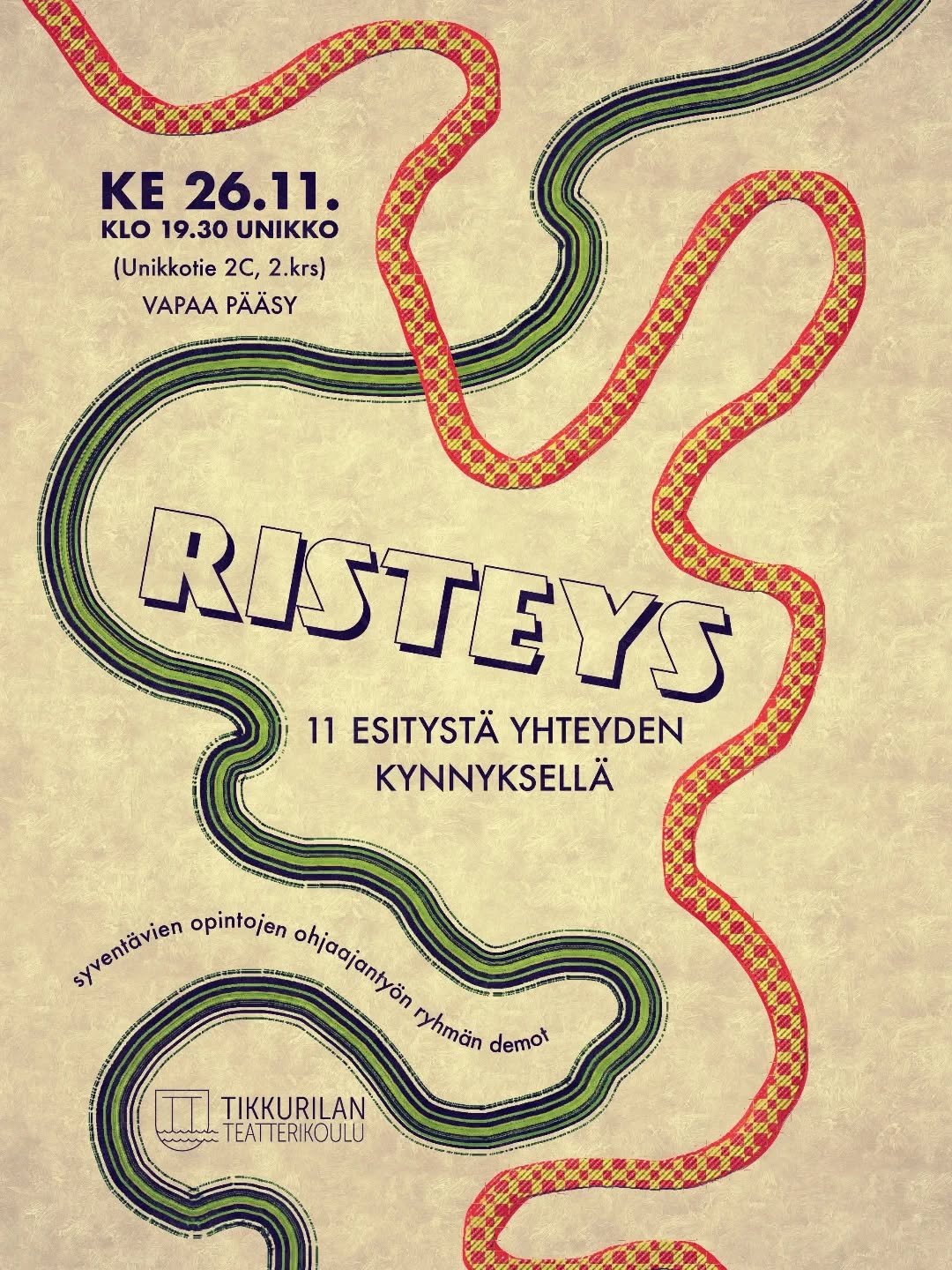 Tikkurilan Teatterikoulun Ohjaajantyö-ryhmän Risteys - 11 esitystä yhteyden kynnyksellä -demoesitykset koittavat ensi viikon keskiviikkona 26.11. klo…