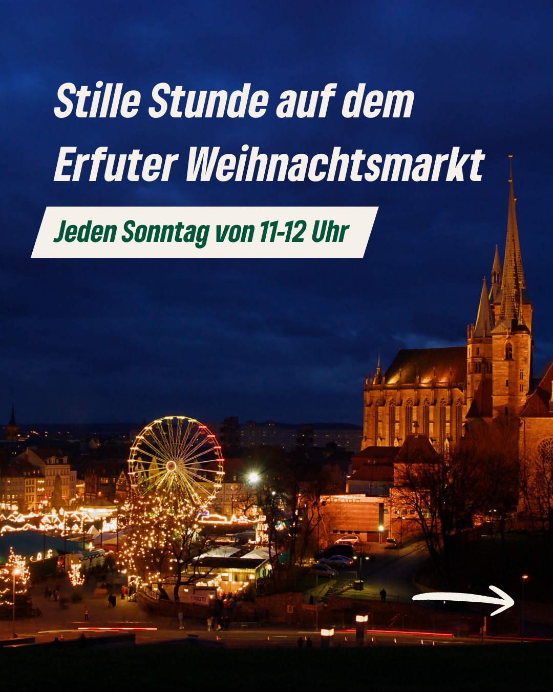 Stille Stunde auf dem Erfurter Weihnachtsmarkt 🎄✨
Jeden Sonntag zwischen 11 und 12 Uhr wird der Domplatz zur “Ruhezone”: keine Musik, kein grelles Licht, keine Durchsagen. Ein bewusst geschaffener Raum, der zeigt, wie inklusiv Stadtfeste sein können. 💚
Für Menschen mit Autismus, ADHS, Long Covid, Angststörungen, Epilepsie oder sensorischer Empfindlichkeit bedeutet das weniger Stress und mehr Teilhabe. Ein kleines Zeitfenster – mit großer Wirkung.
Unsere Stadträtin Ramona Wuttig hat die Stille Stunde im Stadtrat angestoßen, weil Erfurt ein Weihnachtsmarkt für alle sein soll. Städte wie Jena und Halle machen es vor, und Erfurt zeigt jetzt: Rücksichtnahme ist kein Trend, sondern Fortschritt. ✨
Stille ist kein Verzicht. Stille ist eine Einladung.
Wart ihr schon auf dem Weihnachtsmarkt? 🎁
#StilleStunde #WeihnachtsmarktErfurt #Inklusion #GrüneErfurt #Barrierefreiheit #TeilhabeFürAlle #Erfurt #Domplatz