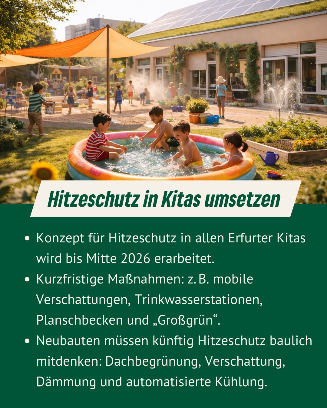 🏛️ Heute letzter Stadtrat des Jahres und wir bringen nochmal starke grüne Themen ein!
🌱 Gemeinschaftsgärten erhalten
Orte der Begegnung, der Integration und des Miteinanders dürfen nicht an überhöhten Pachten scheitern. Wir setzen uns dafür ein, dass sie bezahlbar bleiben.
☀️ Hitzeschutz in Kitas umsetzen
Klimaanpassung beginnt bei den Kleinsten. Wir fordern kurzfristige Maßnahmen wie Beschattung, Wasserspiele und Begrünung sowie verbindliche Standards für Neubauten.
🏗️ Keine Spekulation mit Bauland
Wohnen ist kein Spekulationsobjekt. Wir wollen Baulücken gezielt aktivieren und konsequent gegen Leerstand vorgehen. Für bezahlbaren Wohnraum in Erfurt.
📌 Und heute Abend geht’s in die Haushaltsdebatte: Unsere Schwerpunkte dafür findet ihr auf der letzten Folie – klickt euch durch!
Hinweis: Bilder sind symbolisch und KI-generiert
#Erfurt #Stadtrat #GrüneErfurt #Gemeinschaftsgärten #Hitzeschutz #Bauland #Wohnraum #Haushalt2026