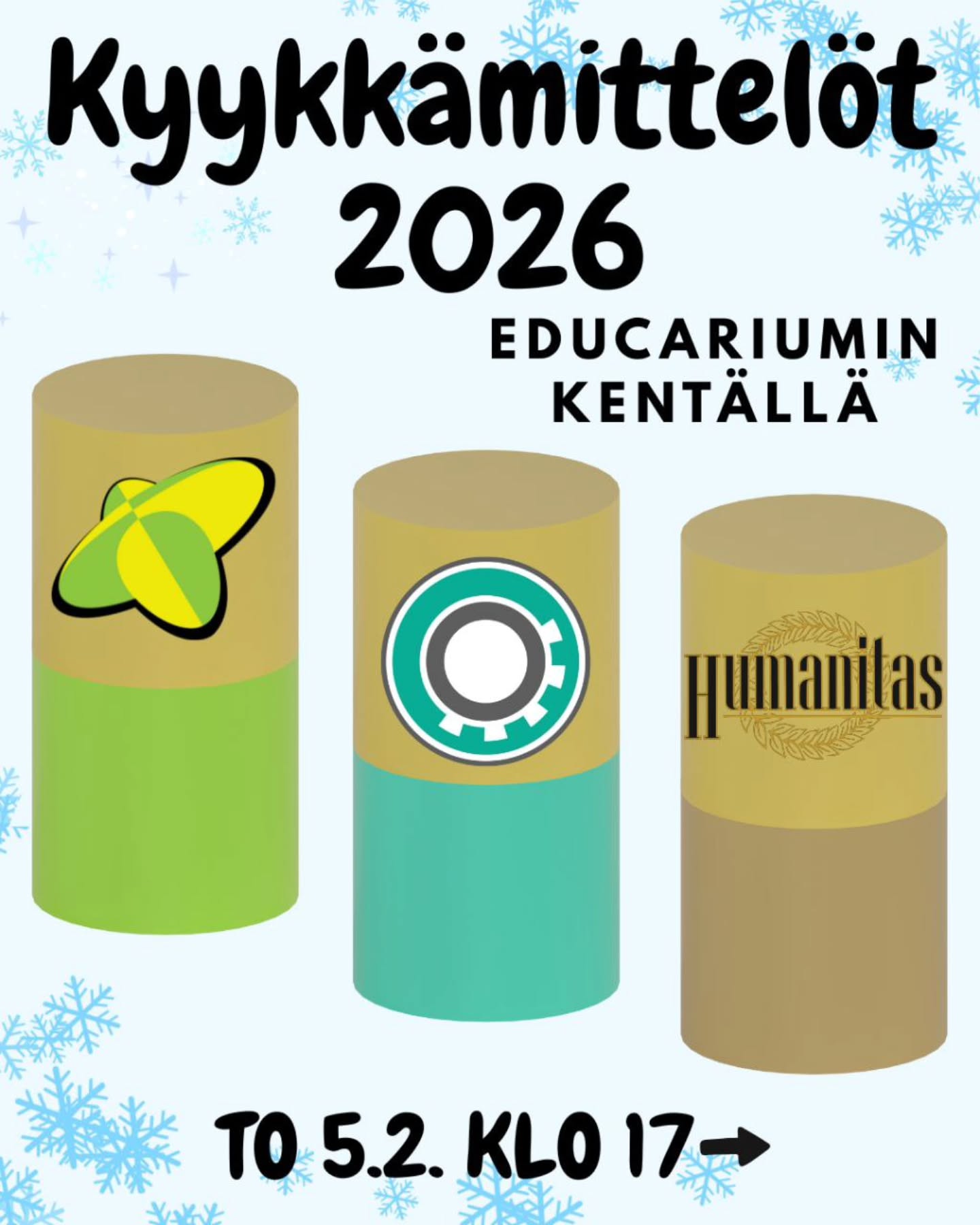 FI/EN in the comments
Alkaako kyykkähammasta jo kolottaa? Tai haluaisitko oppia mitä ihmettä on kyykkä? Ei hätää! Nyt pääset kyykkäämään yhdessä Humanitaksen, Hybridin ja Technican kanssa Edun kentälle To 5.2. klo 17 eteenpäin. Ilta jatkuu Vegasin Haukibileissä klo 22!🔥
Ota haaste vastaan ja kokoa 2-4 hengen joukkue ja ilmoittakaa itsenne mukaan kyykkämittelöihin.😎
Kyykkääminen tehdään illan mittaan kahdessa lohkossa ja ilta huipentuu ~klo 21:05 alkavaan finaaliotteluun.
Top3:lle on luvassa upeat palkinnot ja koko mittelön voittajajoukkue saa lisäksi ilmaisen sisäänpääsyn illan Haukibileisiin.🔥
Ilmoittautuminen kyykkämittelöihin alkaa 19.1. Klo 12: https://link.webropol.com/s/kyykka2026
Mittelön ohessa on myös yksi kenttä vapaaseen pelailuun eli voitte tulla pelailemaan, jos kilpailu ei kiinnosta. Muistakaa tulla kannattamaan kavereita ja tutustumaan uusiin ihmisiin yli tiedekuntarajojen!🤠
MITÄ ON KYYKKÄ? Kyykkä on opiskelijoiden harrastama ulkopeli, jossa joukkueet kisaavat toisiaan vastaan heittämällä karttua riviin kyykkiä, tavoitteena saada ne pelialueen ulkopuolelle.
Olit sitten ensikertalainen tai konkari pitkän tauon jälkeen, löytyy pelin säännöt täältä: https://www.kyykkaliiga.fi/kyykansaannot
Nämä säännöt toimivat turnauksen ohjekirjana.
TL;DR
MITÄ? Kyykkämittelöt!
MISSÄ? Edun kentällä
MILLO? To 5.2. klo 17 alkaen
PALJO? Ilmaista hupia!
MIKS? Koska kyykkä on parasta ja on lunta!