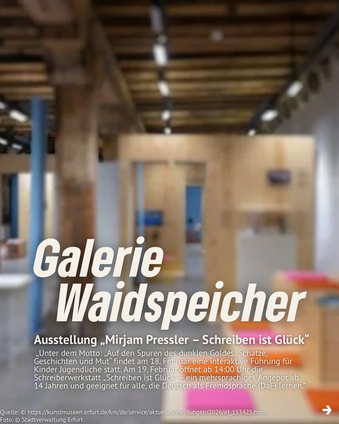 ❄️ Winterferien in Erfurt – und noch nichts geplant?
Wir haben 5 Tipps für euch, wie ihr die freie Zeit kreativ, spannend und abwechslungsreich gestalten könnt:
✨ Inspirierende Ausstellungen in der Galerie Waidspeicher
🏰 Winterliche Entdeckungen auf der Zitadelle Petersberg
🎨 Kreative Mitmachangebote für Kinder & Jugendliche
📚 Spannende Geschichten rund um Literatur und Geschichte
Speichert euch die Tipps ab und plant eure Winterferien! ❄️
#erfurt #winterferirn #ferien #grüneerfurt #kommunalpolitik