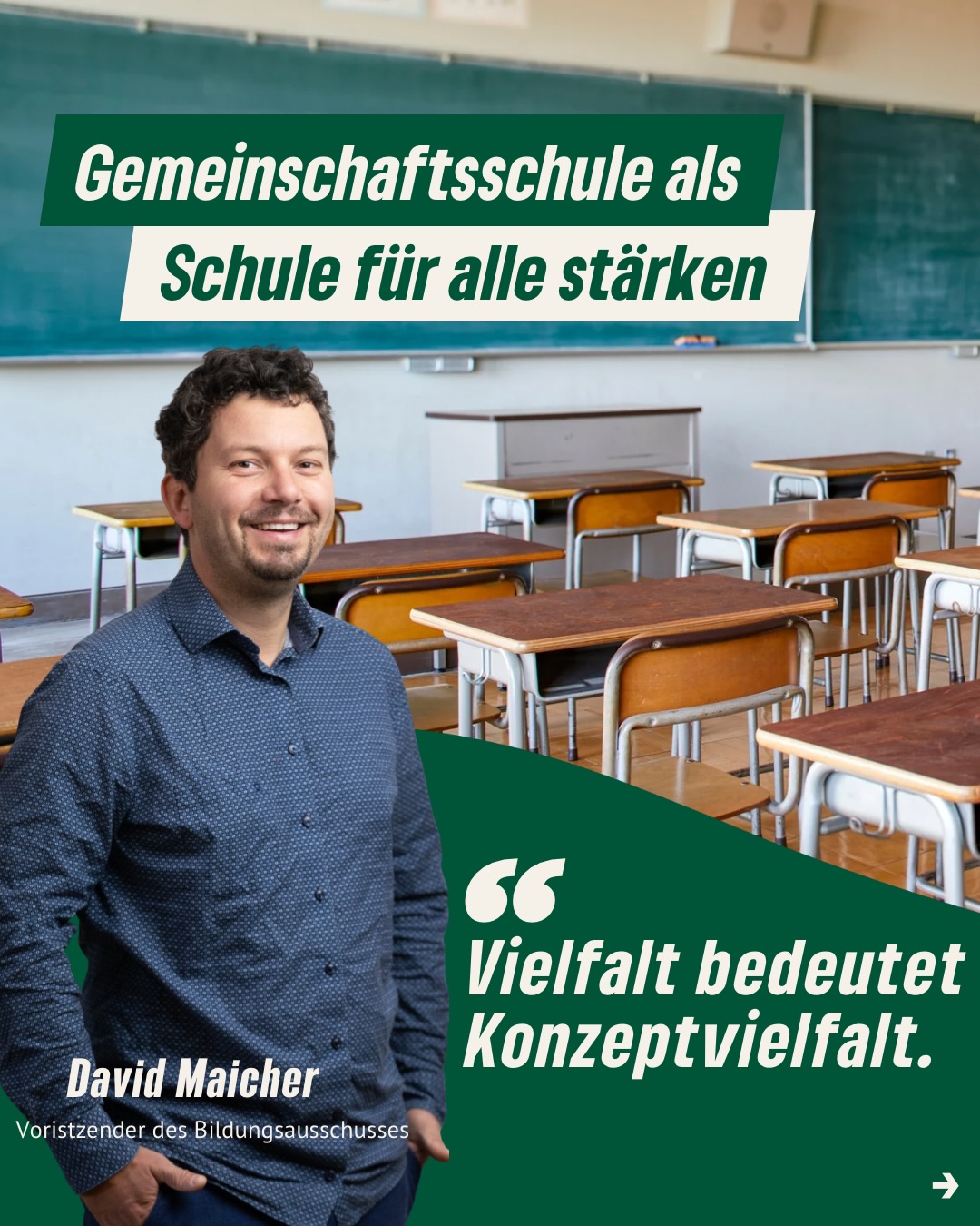 „Anstatt Unruhe zu stiften, sollten wir als Stadt Schulen, die sich auf den Weg machen, eine Gemeinschaftsschule zu werden, stärken.
Bildungsvielfalt zeigt sich darin, wie gut und unterschiedlich die einzelnen Schulkonzepte sind. Das ist wichtig, um auf die individuellen Fähigkeiten der Schüler*innen einzugehen.
Die Gemeinschaftsschule ist dazu prädestiniert, da sie nicht frühzeitig Kinder trennt. So geht Bildungsgerechtigkeit.“ - David Maicher
#bildung #bildungspolitik #schule #grüneerfurt #kommunapolitik