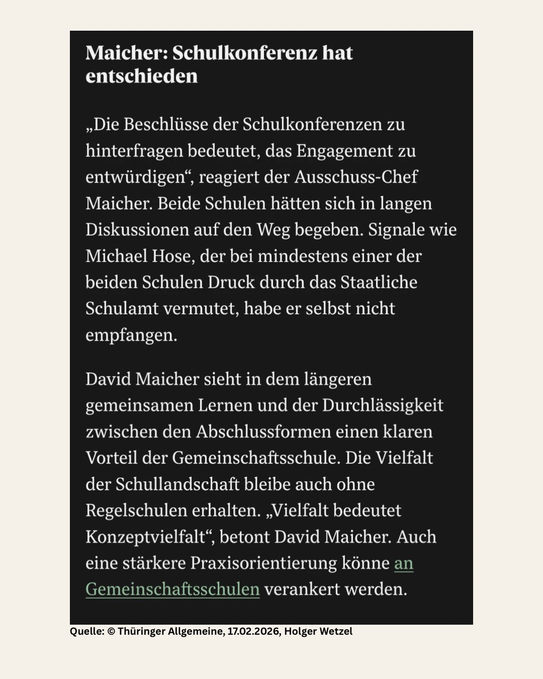 „Anstatt Unruhe zu stiften, sollten wir als Stadt Schulen, die sich auf den Weg machen, eine Gemeinschaftsschule zu werden, stärken.
Bildungsvielfalt zeigt sich darin, wie gut und unterschiedlich die einzelnen Schulkonzepte sind. Das ist wichtig, um auf die individuellen Fähigkeiten der Schüler*innen einzugehen.
Die Gemeinschaftsschule ist dazu prädestiniert, da sie nicht frühzeitig Kinder trennt. So geht Bildungsgerechtigkeit.“ - David Maicher
#bildung #bildungspolitik #schule #grüneerfurt #kommunapolitik
