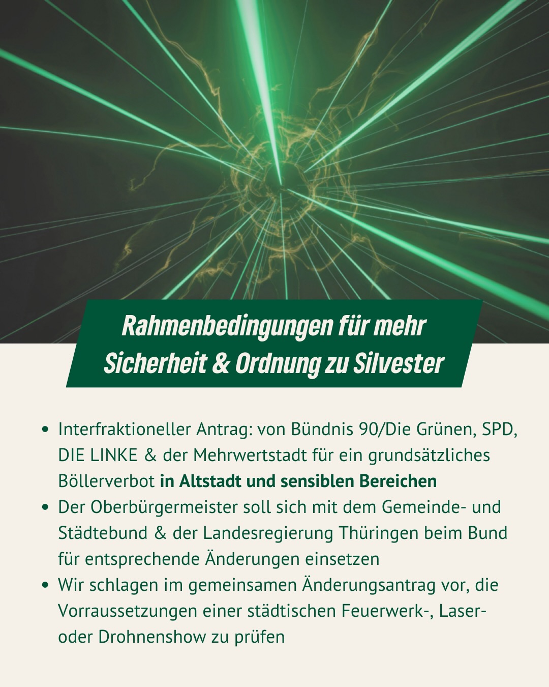 Heute wird ab 17 Uhr im Erfurter Rathaus wieder über wichtige Themen für unsere Stadt diskutiert. Mit dabei sind mehrere Initiativen von uns, mit denen wir konkrete Verbesserungen für Erfurt anstoßen wollen:
❕Gesundheitskiosk stärken – für bessere, niedrigschwellige Gesundheitsversorgung direkt vor Ort.
❕Faire Hundesteuerregelung – Entlastung für verantwortungsvolle Halter mit Hundeführerschein.
❕Mehr Sicherheit zu Silvester – klare Regeln für Böller in sensiblen Bereichen und neue Alternativen prüfen.
Dafür setzen wir uns im Stadtrat ein. Für ein Erfurt, das soziale Gerechtigkeit stärkt und Lebensqualität für alle schafft. 💚
#erfurt #grüneerfurt #stadtrat #kommunalpolitik