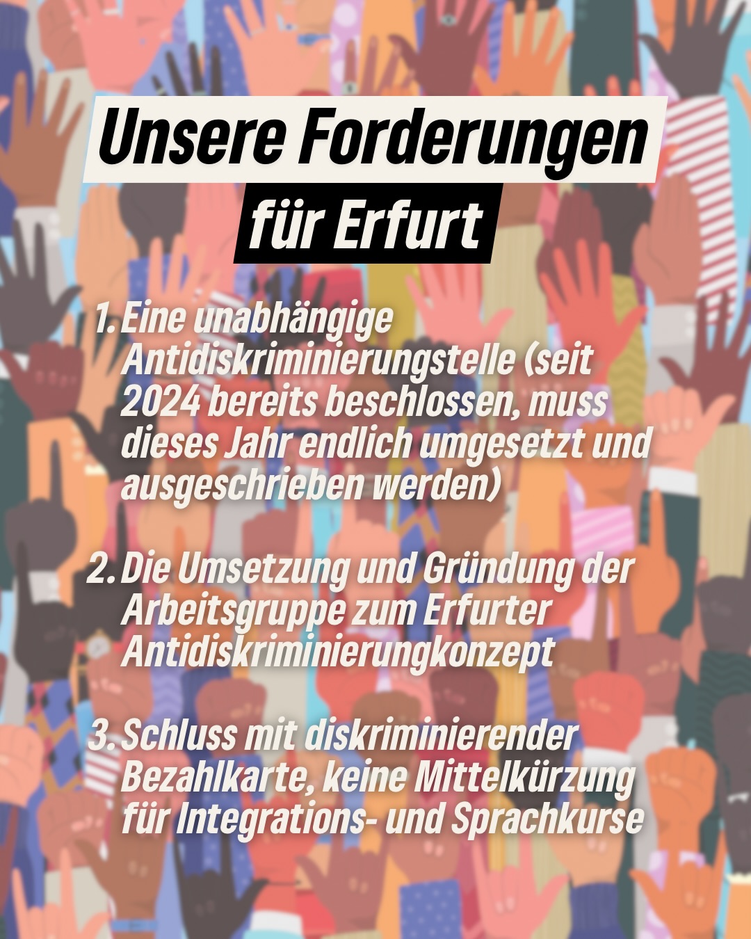 Rassismus geht uns alle an. ✊🏽
Heute am 21. März – dem Internationalen Tag gegen Rassismus – setzen wir ein Zeichen für Solidarität, Gerechtigkeit und konkrete Veränderungen.
Unsere Forderungen sind klar:
➡️ Unabhängige Antidiskriminierungsstelle jetzt umsetzen
➡️ Arbeitsgruppe für ein starkes Antidiskriminierungskonzept gründen
➡️ Diskriminierende Maßnahmen beenden & Integration stärken
#erfurt #grüneerfurt #rassismus #hateracism #taggegenrassismus