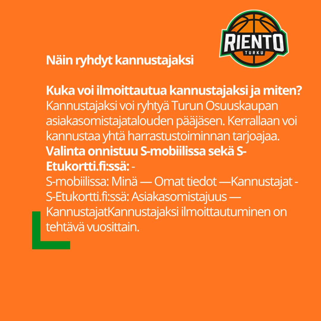Turun Riennon koripallon toimintaa on helppo tukea esimerkiksi seuraavilla tavoin. Seura on mukana TOK:n kannustaja jäsenten joukossa, eli voit käydä valitsemassa seuramme S-mobiilista tai S-etukortti.fi kautta. Ohjeet yllä ja S-ryhmän sivuilta. Kun taloutesi on seuran kannustajat jäsen, saa seura bonusta kotitalouden bonus ostoista. Lisäksi seuramme on Stadium Team Sales jäsen, eli liittymällä memberiksi voit käydä valitsemassa seuran valikosta ja näin seuralle tulee 3% bonusta kaikista ostoista. Tällä tukisummalla voimme ostaa lisää välineitä seuramme käyttöön.🏀 #tueseuraasi #varainhankinta #liikunta #koripallo #urheilu