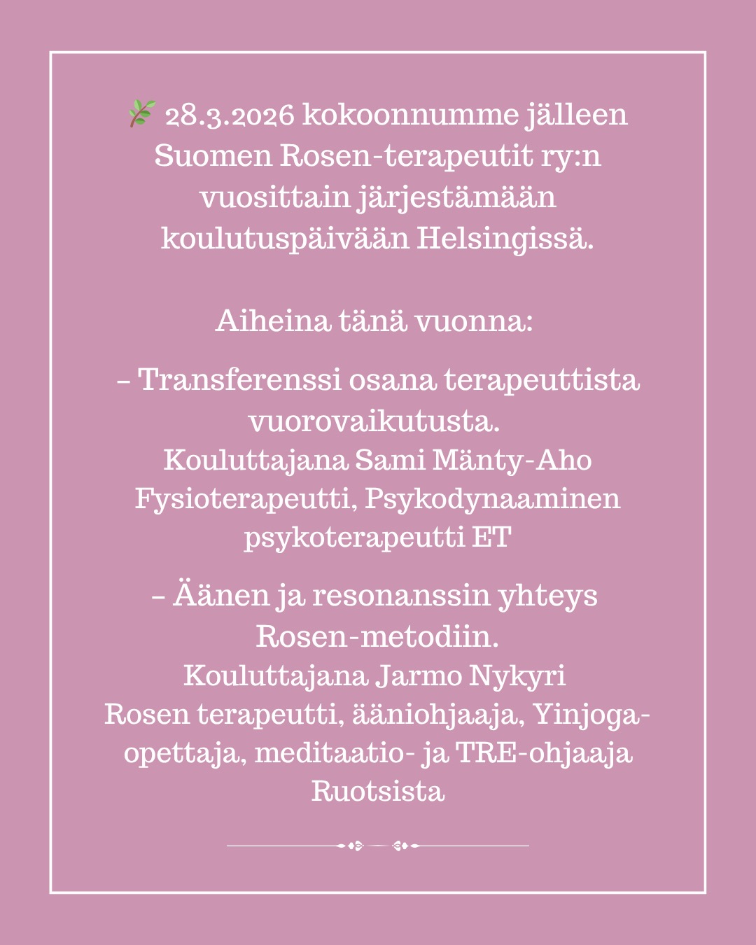Tervetuloa Rosen-kehoterapiaan syventämään yhteyttä itseesi!
#rosenterapia #rosenmenetelmä #rosenmetodi #rosenkehoterapia #kehoterapia #kehomieli #kehotietoisuus #suomenrosenterapeutitry #rosenterapeutti #rosenharjoitusjaksolainen