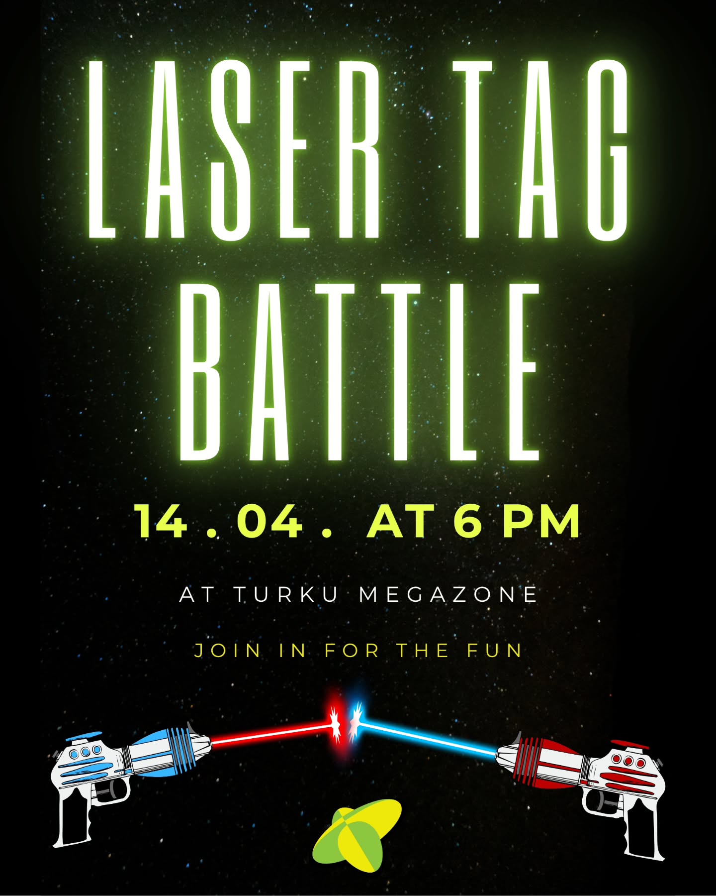 EN/FI
Take a step to the battle field and join us for a fun night of laser tag on Tuesday, April 14th at 6 PM at Turku Megazone!
Get ready for some adrenaline, teamwork and friendly competition!
This event is open for everyone and especially aimed for international students to get to know finnish student. Great chance to meet new people and experience laser tag if you haven't before.
Whether you're a laser tag pro or a first-timer, this event is perfect for everyone.
We will have two 23min games and each game can have different players. Each game will have 12 players and you can choose do you buy a ticket for both of them or just one. Ticket which includes only 1 game will cost 9€ and both games will cost 18€.
Registration will open Friday 3.4. at 1 PM in kide.app: https://kide.app/events/e0a69230-6e06-4376-a4e9-1bf592f5f800
Come celebrate the approaching Vappu with us in a slightly more action-packed way!
See you on the battlefield!
****
Astu taistelukentälle ja liity mukaan hauskaan laserpeli-iltaan tiistaina 14. huhtikuuta klo 18 Turun Megazonessa!
Valmistaudu adrenaliiniin, tiimityöhön ja ystävälliseen kilpailuun!
Tämä tapahtuma on avoin kaikille ja suunnattu erityisesti kansainvälisille opiskelijoille mahdollisuutena tutustua suomalaisiin opiskelijoihin. Loistava tilaisuus siis tavata uusia ihmisiä ja kokea laserpeliä, jos et ole aiemmin tehnyt sitä.
Oletpa sitten laserpelin ammattilainen tai vasta-alkaja, tämä tapahtuma sopii kaikille.
Meillä on kaksi 23 minuutin peliä, ja kummassakin pelissä voi olla eri pelaajat. Jokaisessa pelissä on 12 pelaajaa, ja voit valita, ostatko lipun molempiin vai vain toiseen peliin. Lippu, joka sisältää vain yhden pelin, maksaa 9€ ja molemmat pelit 18€.
Ilmoittautuminen alkaa perjantaina 3.4. klo 13 kide.appissa: https://kide.app/events/e0a69230-6e06-4376-a4e9-1bf592f5f800
Tule juhlimaan lähestyvää Vappua kanssamme hieman vauhdikkaammin!
Nähdään taistelukentällä!