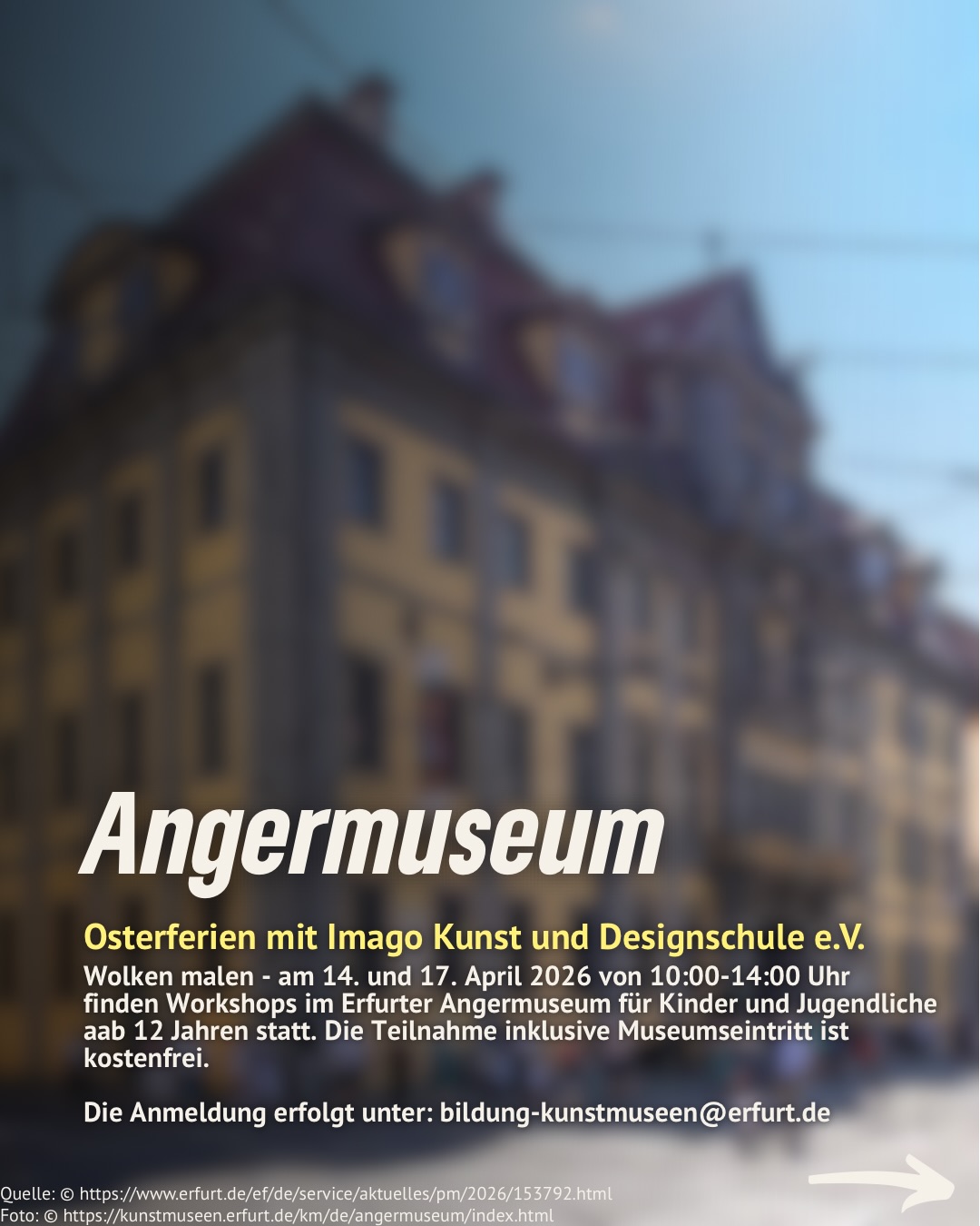 🌷Osterferien in Erfurt – noch nichts geplant?
Wir haben 5 Tipps für euch, wie ihr die freie Zeit kreativ, spannend und abwechslungsreich gestalten könnt:
✨ Kreativ werden beim Papier-Workshop im Museum für Thüringer Volkskunde
🎨 Mitmachangebote rund um Pessach im Netzwerk Jüdisches Leben
🏺 Spannende Workshops im Stadtmuseum für kleine Entdecker:innen
🖌️ Kunst & Design erleben im Angermuseum
📅 Noch mehr Angebote im Ferienkalender des Stadtjugendrings
Speichert euch die Tipps ab und plant eure Osterferien! 🌼🐣
#erfurt #osterferien #familie #kinder #freizeit
