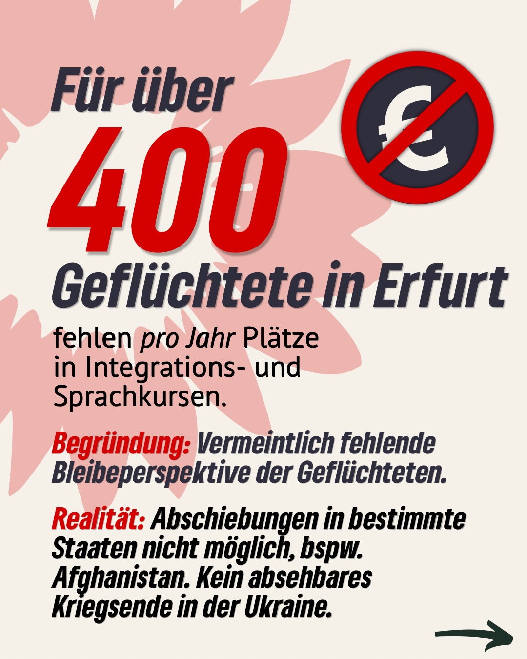 🚫📚 Über 400 Geflüchteten in Erfurt fehlen jedes Jahr Plätze in Integrations- und Sprachkursen.
👉 Begründung: „fehlende Bleibeperspektive“
👉 Realität: Viele bleiben – aber ohne Zugang zu Sprache, Arbeit und Integration.
❗ Folgen:
• Kein Sprachkurs = kaum Jobchancen
• Längere Abhängigkeit von staatlicher Unterstützung
• Gleichzeitig fehlen Fachkräfte
🇩🇪 Bundesweit betrifft das über 130.000 Menschen.
💡 Unsere Lösung:
• Freiwillige Sprachkurse fördern
• Integration sichern
• Zugang zum Arbeitsmarkt erleichtern
Integration spart langfristig Kosten – Nichtstun wird teuer. 💸
#erfurt #grüneerfurt #integration #sprachkurse #bamf