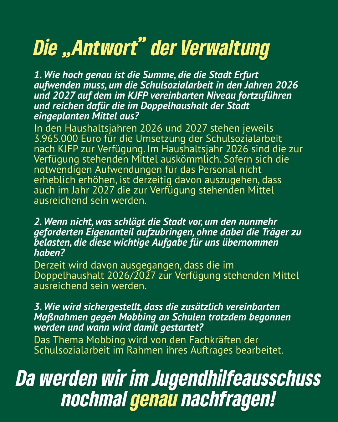 Schulsozialarbeit hält unser Schulsystem zusammen.🧑🧑🧒🧒🏫
Während immer mehr Kinder und Jugendliche mit psychischen Belastungen, Mobbing oder familiären Sorgen kämpfen, brauchen sie verlässliche Ansprechpartner*innen – jeden Tag.
Doch durch die geplanten Änderungen des Landes Thüringen geraten bestehende und dringend notwendige Stellen in Gefahr. Kommunen sollen plötzlich 10 % Eigenanteil tragen, Träger werden zusätzlich belastet und wichtige Angebote stehen auf der Kippe.🆘
Wir fordern Transparenz, Planungssicherheit und eine verlässliche Finanzierung.
Denn: Wer heute bei der Schulsozialarbeit spart, lässt junge Menschen im Stich.😔
Die „Antwort“ der Verwaltung lassen wir mal so stehen - da müssen wir im Jugendhilfeausschuss nochmal nachfragen!
#erfurt #grüneerfurt #schulsozialarbeit #schule #thüringen