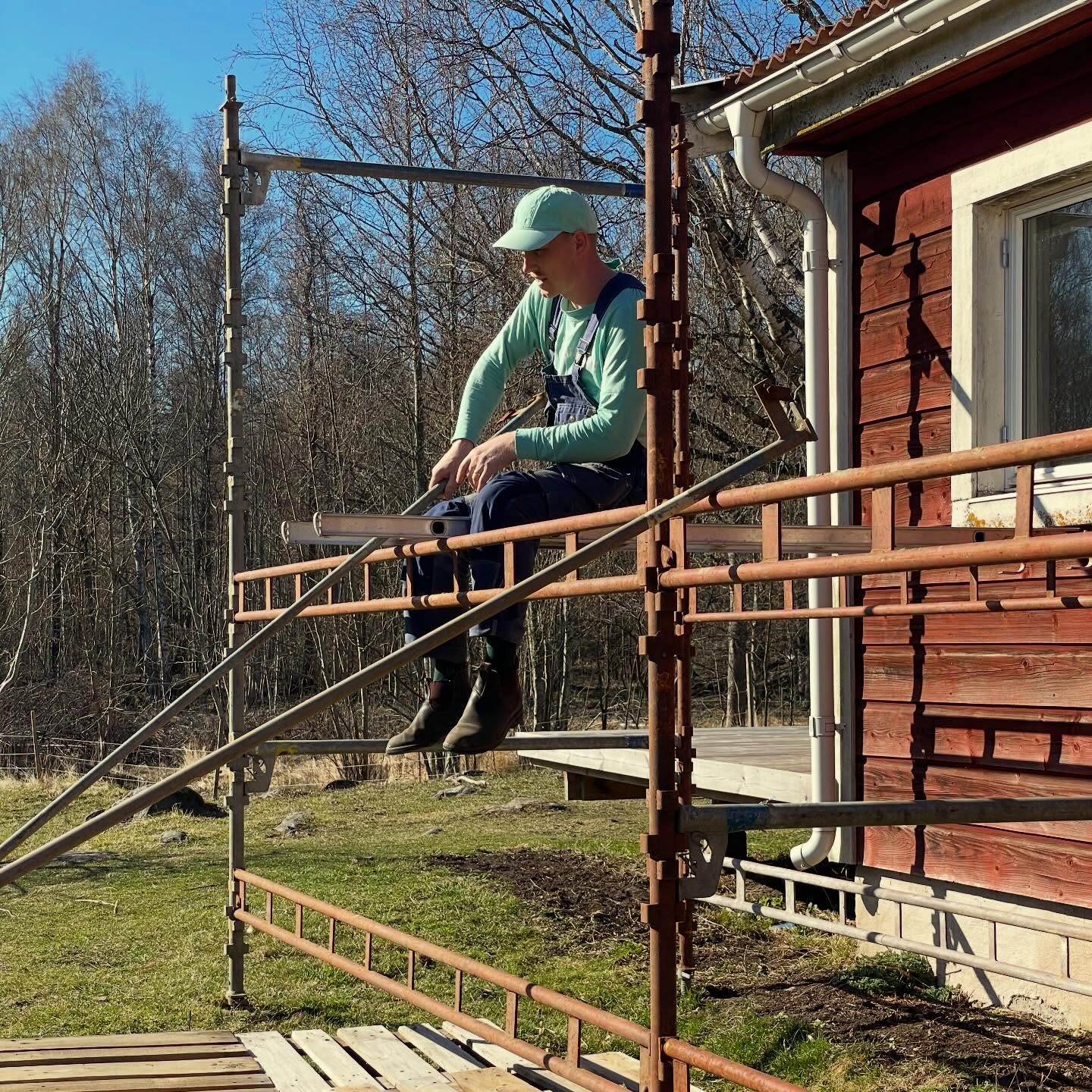 Idag kom byggnadsställningen upp 👍🏻 Vi köpte den för drygt ett år sen men har inte haft någon trall till den. Men nu är trallen beställd så nu provade vi sätta upp den. Känns så lyxigt att äga en byggnadsställning. Ännu lyxigare sen när den får trall så man kan stå på den 😅
När trallen väl är på blir det dags att borsta och sen måla. Just nu har fasaden nästan samma färg som byggnadsställningen 🫣
Bläddra till sista filmen för att se boven till varför jag filmar Alexander istället för att hjälpa till…
/J