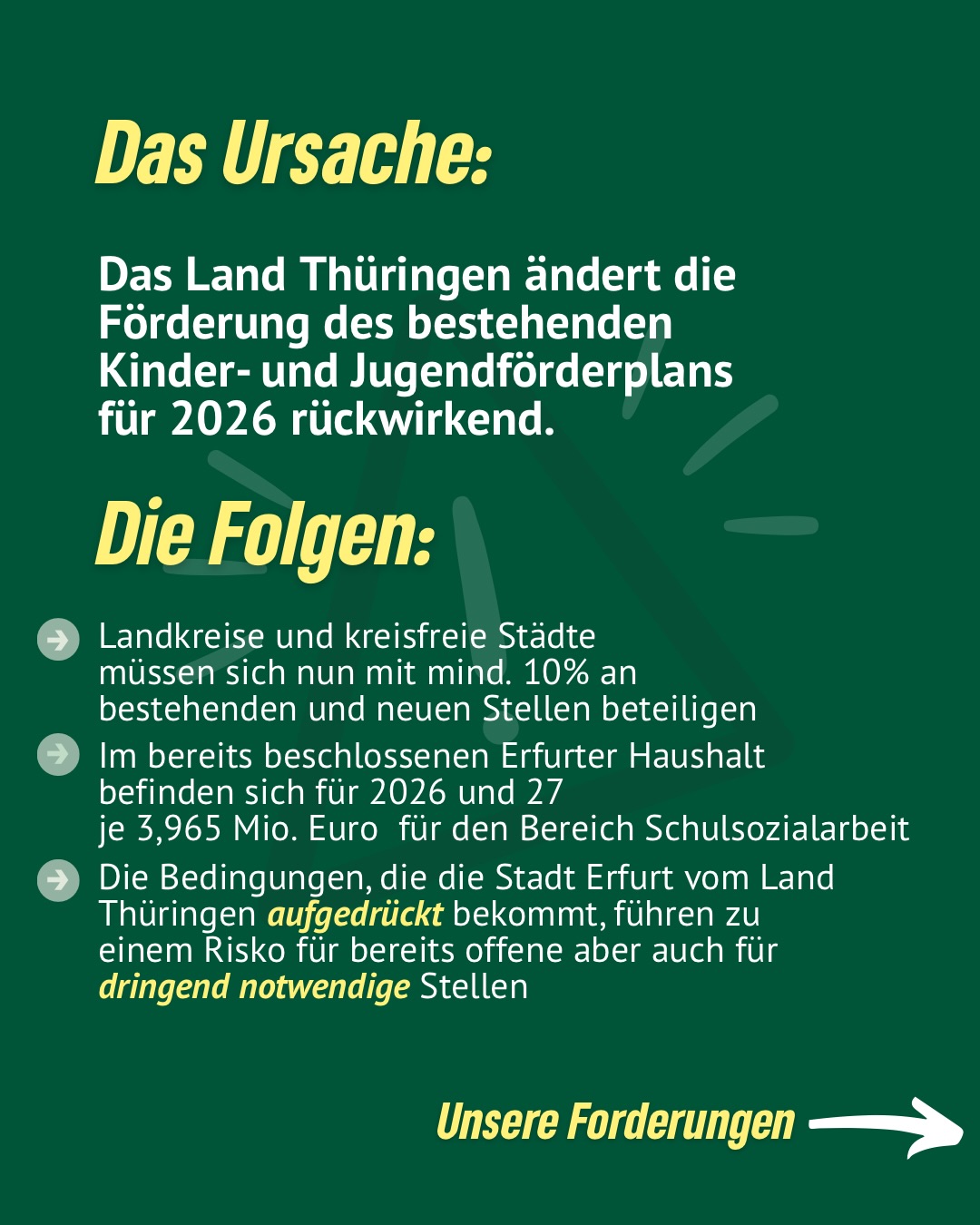 Schulsozialarbeit hält unser Schulsystem zusammen.🧑🧑🧒🧒🏫
Während immer mehr Kinder und Jugendliche mit psychischen Belastungen, Mobbing oder familiären Sorgen kämpfen, brauchen sie verlässliche Ansprechpartner*innen – jeden Tag.
Doch durch die geplanten Änderungen des Landes Thüringen geraten bestehende und dringend notwendige Stellen in Gefahr. Kommunen sollen plötzlich 10 % Eigenanteil tragen, Träger werden zusätzlich belastet und wichtige Angebote stehen auf der Kippe.🆘
Wir fordern Transparenz, Planungssicherheit und eine verlässliche Finanzierung.
Denn: Wer heute bei der Schulsozialarbeit spart, lässt junge Menschen im Stich.😔
Die „Antwort“ der Verwaltung lassen wir mal so stehen - da müssen wir im Jugendhilfeausschuss nochmal nachfragen!
#erfurt #grüneerfurt #schulsozialarbeit #schule #thüringen