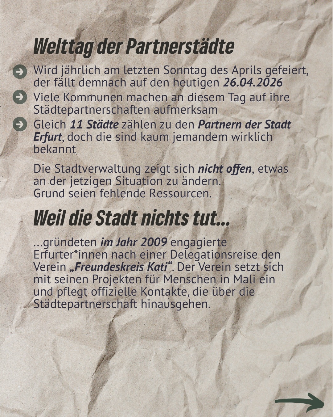 🌍🤝 11 Partnerstädte hat Erfurt – aber kaum jemand kennt sie wirklich.
Heute ist Weltag der Partnerstädte 📅 Ein guter Moment, um zu fragen: Was bringen Städtepartnerschaften, wenn sie nur auf dem Papier existieren?
Erfurt ist mit Städten in Europa, Afrika, Asien, Nord- und Südamerika verbunden – von Vilnius über Haifa bis San Miguel de Tucumán. Doch echte Begegnungen, Austausch und Sichtbarkeit fehlen oft.
Dabei zeigen andere Städte längst, wie es besser geht:
🎄 Partnerstadt-Weihnachtsmärkte
✈️ Bürgerreisen & Jugendaustausch
🎭 Kulturelle Projekte
🤝 Direkte Begegnungen zwischen Menschen
Wenn die Stadt nicht handelt, machen es engagierte Bürger*innen selbst – wie der Freundeskreis Kati seit 2009.
Städtepartnerschaften müssen leben – nicht verstauben.
Mehr Austausch. Mehr Begegnung. Mehr Welt in Erfurt. 🌐
#erfurt #partnerstädte #grüneerfurt #tagderpartnerstädte #städtepartnerschaft