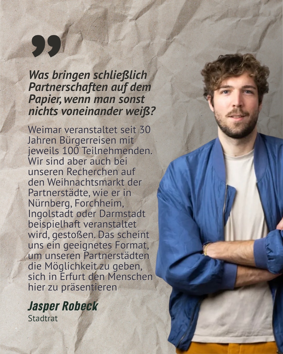 🌍🤝 11 Partnerstädte hat Erfurt – aber kaum jemand kennt sie wirklich.
Heute ist Weltag der Partnerstädte 📅 Ein guter Moment, um zu fragen: Was bringen Städtepartnerschaften, wenn sie nur auf dem Papier existieren?
Erfurt ist mit Städten in Europa, Afrika, Asien, Nord- und Südamerika verbunden – von Vilnius über Haifa bis San Miguel de Tucumán. Doch echte Begegnungen, Austausch und Sichtbarkeit fehlen oft.
Dabei zeigen andere Städte längst, wie es besser geht:
🎄 Partnerstadt-Weihnachtsmärkte
✈️ Bürgerreisen & Jugendaustausch
🎭 Kulturelle Projekte
🤝 Direkte Begegnungen zwischen Menschen
Wenn die Stadt nicht handelt, machen es engagierte Bürger*innen selbst – wie der Freundeskreis Kati seit 2009.
Städtepartnerschaften müssen leben – nicht verstauben.
Mehr Austausch. Mehr Begegnung. Mehr Welt in Erfurt. 🌐
#erfurt #partnerstädte #grüneerfurt #tagderpartnerstädte #städtepartnerschaft