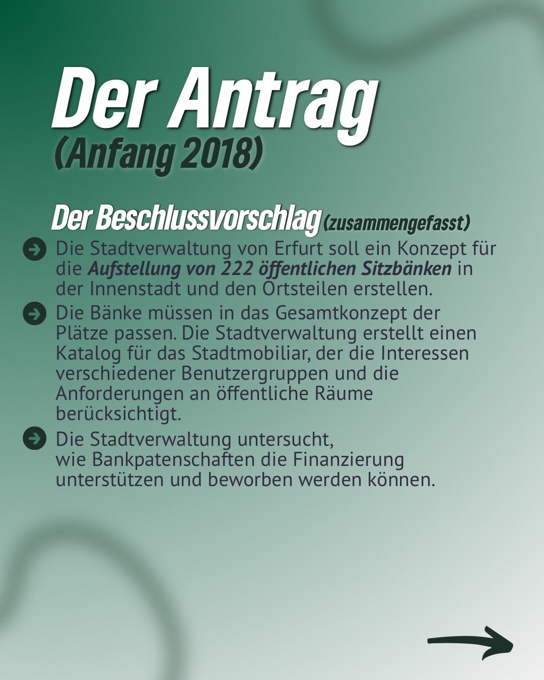 Vor acht Jahren haben wir mit „Platz nehmen – 222 Bänke für Erfurt“ eine einfache Idee gestartet: Mehr Aufenthaltsqualität für alle Generationen.
Trotz anfänglicher Ablehnung haben wir den Antrag 2018 durchgesetzt – inklusive Finanzierung.
Heute, sieben Jahre später, wird das Projekt nicht nur fortgeführt, sondern sogar von anderen Fraktionen als eigene Idee entdeckt.
Und im Stadtentwicklungsausschuss gibt’s jetzt das Update zu den neuen Patenschaftsmodellen.
Kleiner Reminder: Die Idee stammt von uns – den GRÜNEN. 🌿💚
#erfurt #grüneerfurt #stadtrat #stadtraterfurt #222bänke