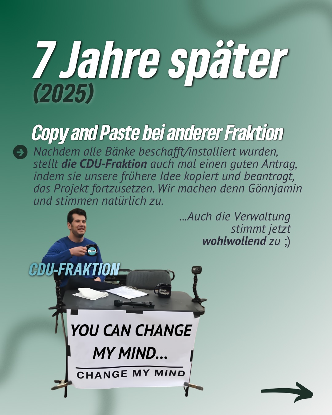 Vor acht Jahren haben wir mit „Platz nehmen – 222 Bänke für Erfurt“ eine einfache Idee gestartet: Mehr Aufenthaltsqualität für alle Generationen.
Trotz anfänglicher Ablehnung haben wir den Antrag 2018 durchgesetzt – inklusive Finanzierung.
Heute, sieben Jahre später, wird das Projekt nicht nur fortgeführt, sondern sogar von anderen Fraktionen als eigene Idee entdeckt.
Und im Stadtentwicklungsausschuss gibt’s jetzt das Update zu den neuen Patenschaftsmodellen.
Kleiner Reminder: Die Idee stammt von uns – den GRÜNEN. 🌿💚
#erfurt #grüneerfurt #stadtrat #stadtraterfurt #222bänke