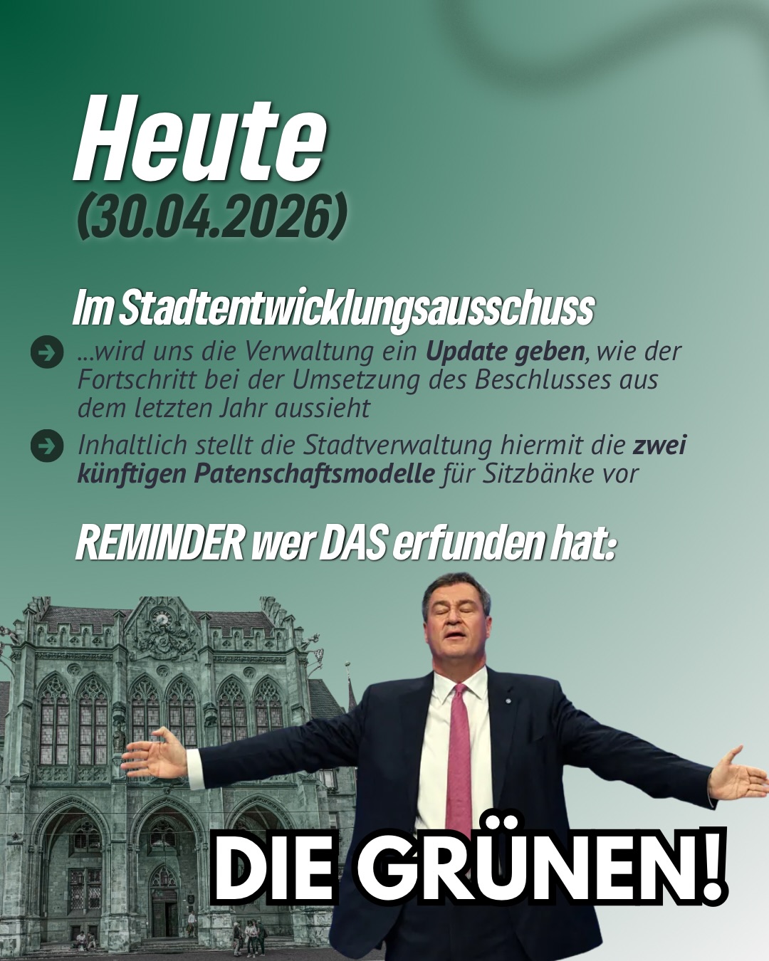 Vor acht Jahren haben wir mit „Platz nehmen – 222 Bänke für Erfurt“ eine einfache Idee gestartet: Mehr Aufenthaltsqualität für alle Generationen.
Trotz anfänglicher Ablehnung haben wir den Antrag 2018 durchgesetzt – inklusive Finanzierung.
Heute, sieben Jahre später, wird das Projekt nicht nur fortgeführt, sondern sogar von anderen Fraktionen als eigene Idee entdeckt.
Und im Stadtentwicklungsausschuss gibt’s jetzt das Update zu den neuen Patenschaftsmodellen.
Kleiner Reminder: Die Idee stammt von uns – den GRÜNEN. 🌿💚
#erfurt #grüneerfurt #stadtrat #stadtraterfurt #222bänke
