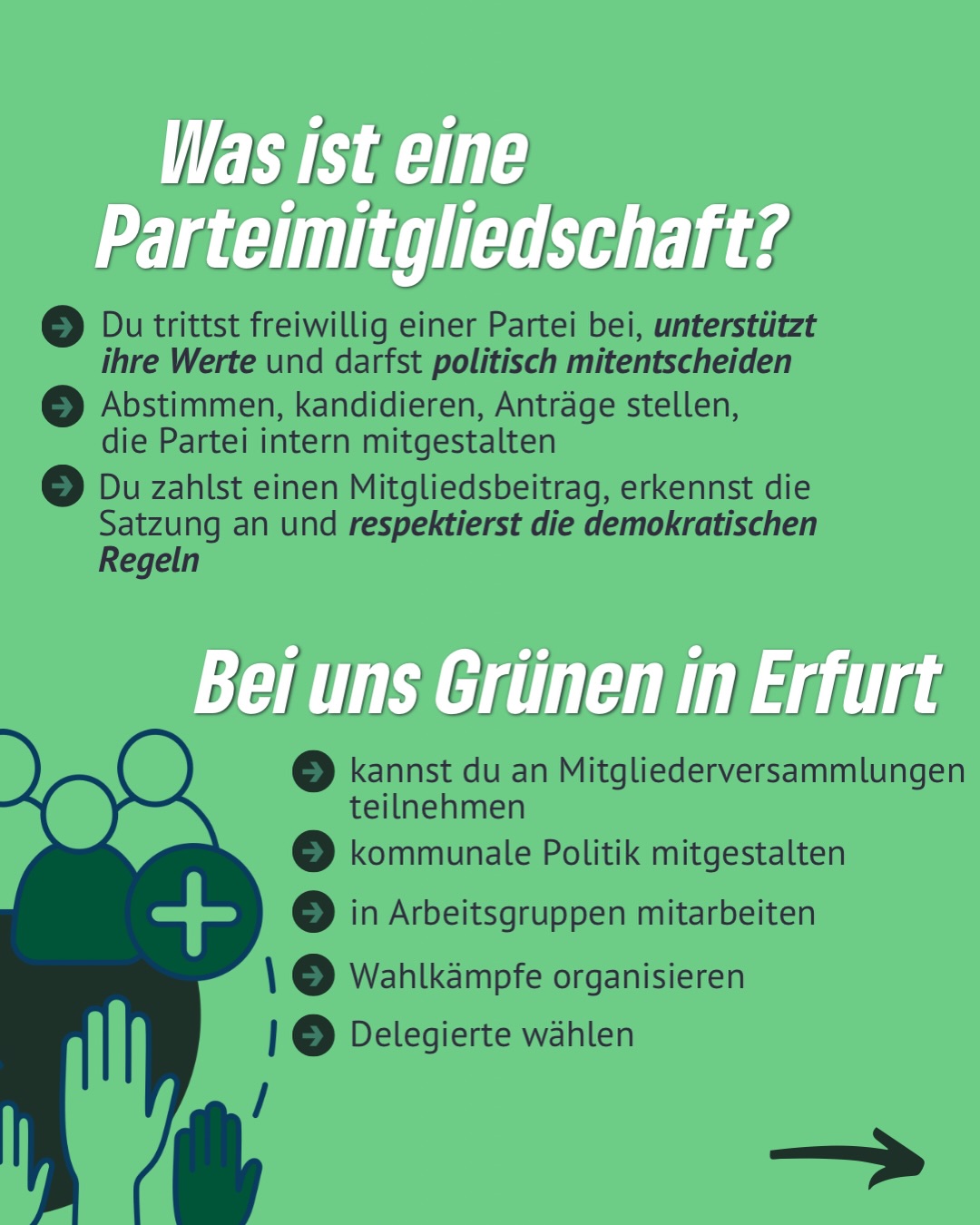 Politik lebt davon, dass Menschen mitmachen. 💚
Mit einer Parteimitgliedschaft kannst du nicht nur zuschauen, sondern aktiv mitgestalten: Ideen einbringen, mitdiskutieren, abstimmen und unsere Stadt bewegen. 🌻
Du willst wissen, wie das bei uns in Erfurt aussieht?
Dann swipe durch 👉
#erfurt #grüneerfurt #parteimitgliedschaft #diegrünen #bündnis90diegrünen
@die_gruenen
@gruene_th