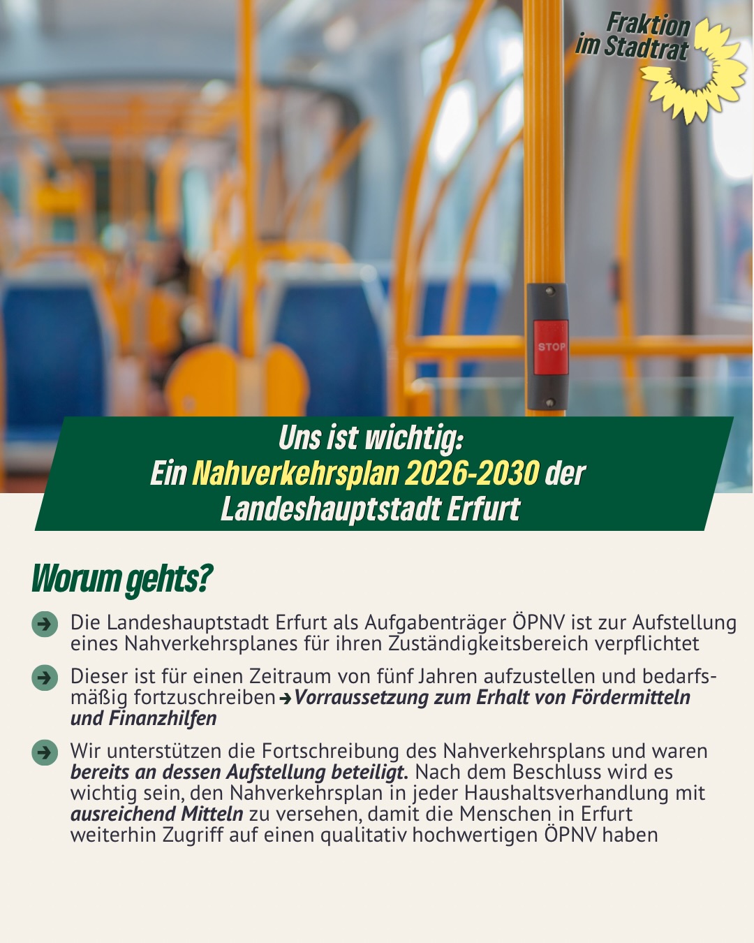 Morgen wird ab 17 Uhr im Erfurter Rathaus wieder über wichtige Themen für unsere Stadt diskutiert. Mit dabei sind mehrere Initiativen von uns, mit denen wir konkrete Verbesserungen für Erfurt anstoßen wollen:
❕Stärkung des Kitamoratoriums
❕Aktionsplan Kinderarmut
❕Nahverkehrsplan 2026-20230
Dafür setzen wir uns im Stadtrat ein. Für ein Erfurt, das soziale Gerechtigkeit stärkt und Lebensqualität für alle schafft. 💚
#erfurt #grüneerfurt #stadtrat #kommunalpolitik