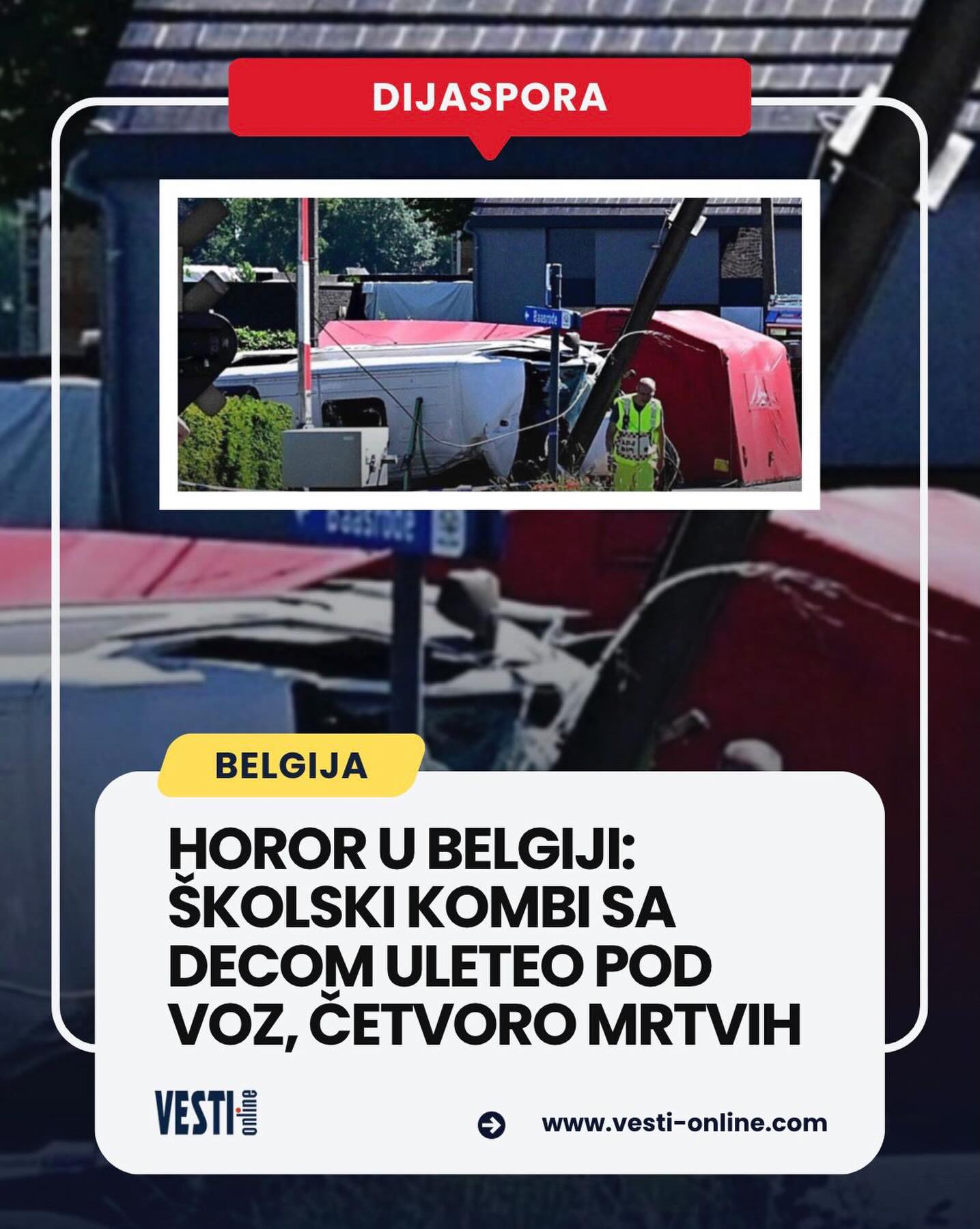 U utorak ujutro, 26. maja 2026. godine, u belgijskom gradiću Buggenhout dogodila se stravična nesreća na železničkom prelazu Vierhuizen. Školski minibus, koji je prevozio decu sa posebnim potrebama, sudario se sa putničkim vozom. Poginulo je četvoro ljudi – dvoje tinejdžera, vozač i pratilac – dok su još dve osobe teško povređene. Svi putnici u vozu ostali su nepovređeni. Istraga je u toku, a prema prvim informacijama, rampe su bile spuštene i crvena svetla uključena u trenutku sudara.
Mali beli kombi škole Richtpunt Campus Buggenhout, namenjen deci sa posebnim potrebama, krenuo je iz pravca Kerkhofstraat, skrenuo levo preko šina i uprkos spuštenim rampama ušao pravo u putanju regionalnog voza koji se približavao stanici. Udar je bio toliko silovit da je vozilo prevrnuto i potpuno smrskano, dok su delovi bili razbacani po okolini. Kamere Infrabela snimile su čitav događaj, ali odgovor na ključno pitanje, zašto je minibus ušao na zatvoreni prelaz – još nije poznat.
U kombiju se nalazilo sedmoro učenika, vozač i pratilac. Za roditelje i nastavnike u Buggenhoutu ovo je nezamisliv šok. Grad je zavijen u crno, škola pruža psihološku pomoć porodicama, a lokalne vlasti i belgijski ministar saobraćaja izrazili su duboku zabrinutost. „Ovo je drama za celu Belgiju“, poručili su iz nadležnih službi.
Na žalost, nesreće se dešavaju često i svuda. U utorak ujutro, 26. maja 2026. godine, u belgijskom gradiću Buggenhout dogodila se stravična nesreća na železničkom prelazu Vierhuizen. Školski minibus, koji je prevozio decu sa posebnim potrebama, sudario se sa putničkim vozom. Poginulo je četvoro ljudi – dvoje tinejdžera, vozač i pratilac – dok su još dve osobe teško povređene. Svi putnici u vozu ostali su nepovređeni. Istraga je u toku, a prema prvim informacijama, rampe su bile spuštene i crvena svetla uključena u trenutku sudara.
Mali beli kombi škole Richtpunt Campus Buggenhout, namenjen deci sa posebnim potrebama, krenuo je iz pravca Kerkhofstraat, skrenuo levo preko šina i uprkos spuštenim rampama ušao pravo u putanju regionalnog voza koji se približavao stanici. Udar je bio toliko silovit da je vozilo prevrnuto i potpuno smrskano, dok su delovi bili razbacani po okolini. Kamere Infrabela snimile su čitav događaj, ali odgovor na ključno pitanje, zašto je minibus ušao na zatvoreni prelaz – još nije poznat.
U kombiju se nalazilo sedmoro učenika, vozač i pratilac. Za roditelje i nastavnike u Buggenhoutu ovo je nezamisliv šok. Grad je zavijen u crno, škola pruža psihološku pomoć porodicama, a lokalne vlasti i belgijski ministar saobraćaja izrazili su duboku zabrinutost. „Ovo je drama za celu Belgiju“, poručili su iz nadležnih službi.
Na žalost, nesreće se dešavaju često i svuda.