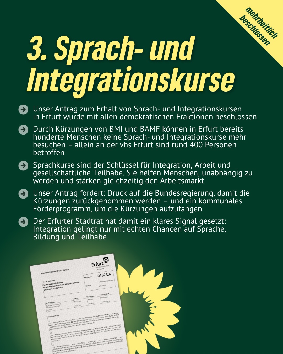 Drei wichtige grüne Anträge im Erfurter Stadtrat – drei starke Signale für soziale Gerechtigkeit, Teilhabe und eine moderne Stadtpolitik💚🌻
📍Aktionsplan Kinderarmut - Kinderarmut in Erfurt darf nicht länger verdrängt werden. Mit unserem Aktionsplan wollen wir gezielt unterstützen, Teilhabe stärken und echte Chancen für alle Kinder schaffen. 👧👦
📍Digitale Bezahlmöglichkeiten - Ob EC-Karte, Smartphone oder Kreditkarte: Digitale Zahlungen gehören heute zum Alltag. Deshalb sollen sie künftig auch auf Erfurter Märkten und Festen selbstverständlich möglich sein. 💳📱
📍Sprach- und Integrationskurse - Sprache ist der Schlüssel für Integration, Arbeit und gesellschaftliche Teilhabe. Wir setzen uns dafür ein, dass Sprach- und Integrationskurse in Erfurt erhalten bleiben. 🗣️🤝
#erfurt #grüneerfurt #grüneimstadtrat #grüne #bündnisgrüne