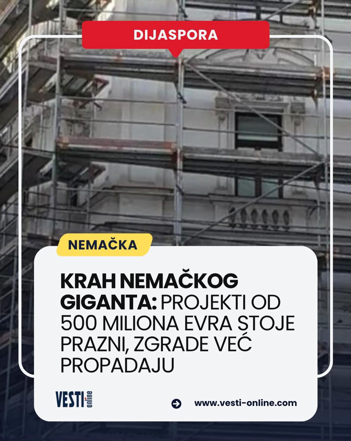 Leverkusenska firma ,,Cube Real Estate“ pala je u stečaj. Kako prenosi ,,t-online“, tri velika projekta u Diseldorfu, ukupne vrednosti oko 500 miliona evra, sada su ozbiljno ugrožena. Kompanija je u poslednje dve godine izgubila 5,4 miliona evra jer nije uspela da proda stanove.
Opširnije na portalu vesti-online.com
#vesti #srbiunemackoj #srbija #news Leverkusenska firma ,,Cube Real Estate“ pala je u stečaj. Kako prenosi ,,t-online“, tri velika projekta u Diseldorfu, ukupne vrednosti oko 500 miliona evra, sada su ozbiljno ugrožena. Kompanija je u poslednje dve godine izgubila 5,4 miliona evra jer nije uspela da proda stanove.
Opširnije na portalu vesti-online.com
#vesti #srbiunemackoj #srbija #news