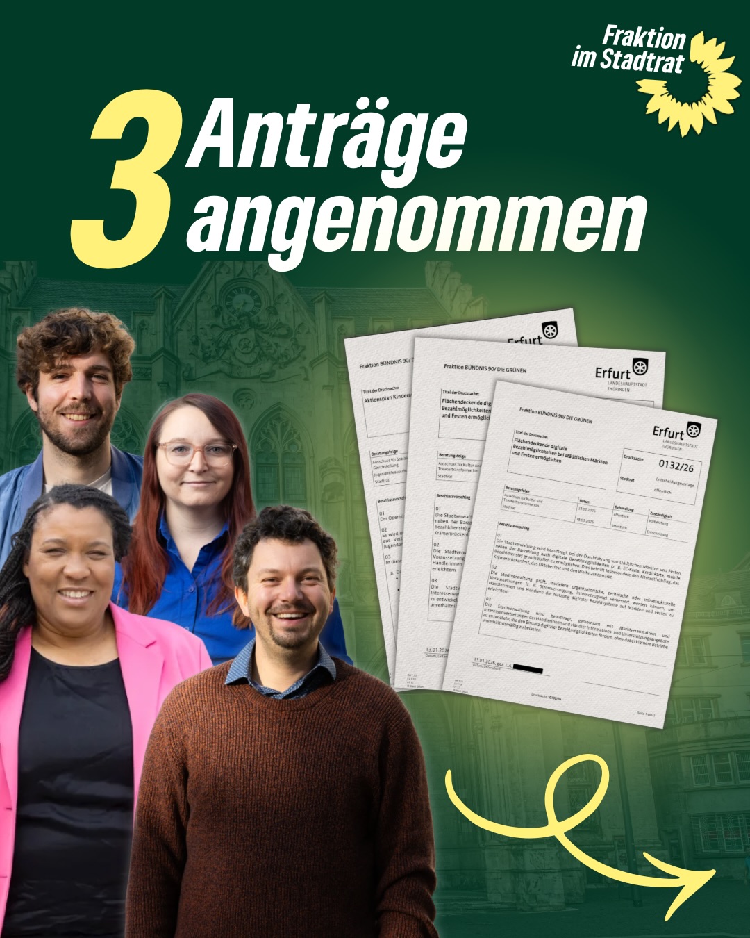 Drei wichtige grüne Anträge im Erfurter Stadtrat – drei starke Signale für soziale Gerechtigkeit, Teilhabe und eine moderne Stadtpolitik💚🌻
📍Aktionsplan Kinderarmut - Kinderarmut in Erfurt darf nicht länger verdrängt werden. Mit unserem Aktionsplan wollen wir gezielt unterstützen, Teilhabe stärken und echte Chancen für alle Kinder schaffen. 👧👦
📍Digitale Bezahlmöglichkeiten - Ob EC-Karte, Smartphone oder Kreditkarte: Digitale Zahlungen gehören heute zum Alltag. Deshalb sollen sie künftig auch auf Erfurter Märkten und Festen selbstverständlich möglich sein. 💳📱
📍Sprach- und Integrationskurse - Sprache ist der Schlüssel für Integration, Arbeit und gesellschaftliche Teilhabe. Wir setzen uns dafür ein, dass Sprach- und Integrationskurse in Erfurt erhalten bleiben. 🗣️🤝
#erfurt #grüneerfurt #grüneimstadtrat #grüne #bündnisgrüne