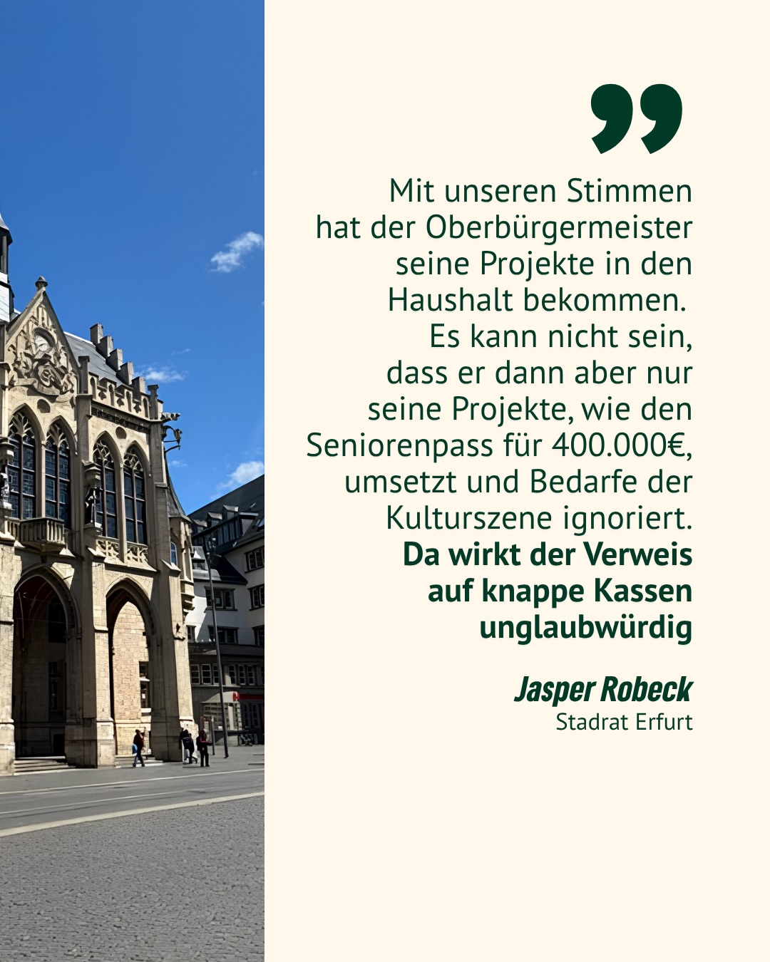 🎭 Kultur braucht Verlässlichkeit.
Im Haushalt wurde die Einrichtung einer zweiten Kulturlotsin- bzw. Nachtkulturstelle beschlossen. Dieses Versprechen wurde bisher jedoch nicht umgesetzt. Stattdessen wurden die dafür vorgesehenen Mittel für andere Personalstellen verwendet.
🏛️ Mit unseren Stimmen hat der Oberbürgermeister seine Projekte im Haushalt durchsetzen können. Umso wichtiger ist es, dass auch die gemeinsam vereinbarten Vorhaben umgesetzt werden.
💬 Wer politische Zusagen macht, muss sie einhalten. Andernfalls leidet das Vertrauen in demokratische Prozesse und politische Entscheidungen.
🌙 Die Erfurter Kulturszene wartet auf konkrete Unterstützung – nicht auf weitere Verschiebungen. Deshalb fordern wir: Wahlversprechen einhalten und die zweite Kulturlotsin-Stelle endlich besetzen!
#erfurt #grüneerfurt #grüneimstadtrat #stadtraterfurt #kulturszeneerfurt