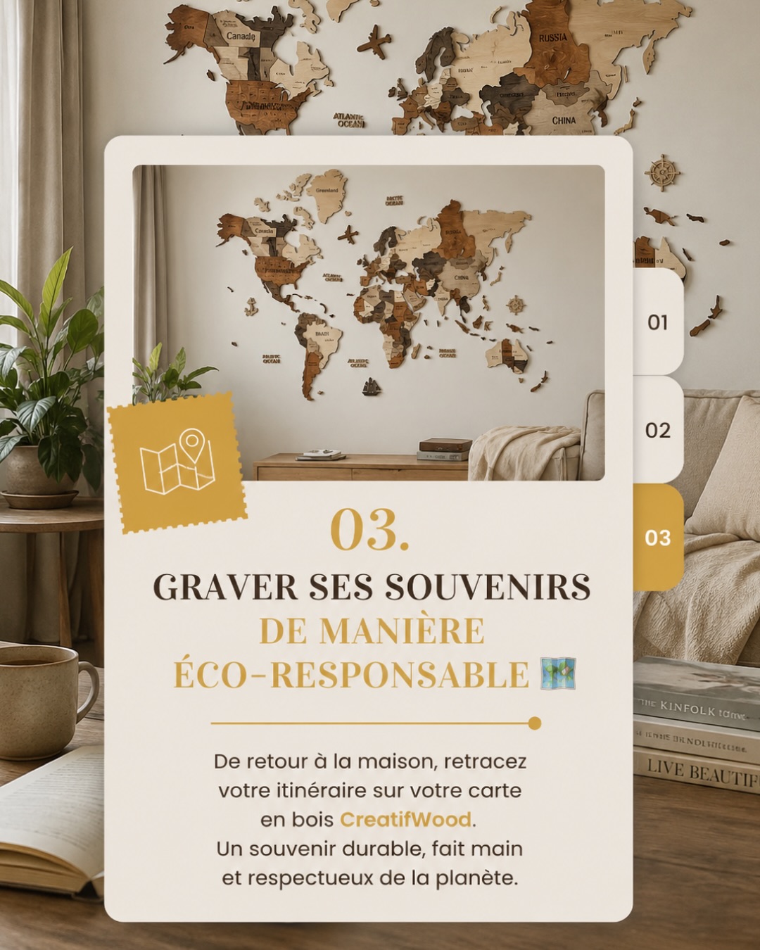 En ce 1er juin, célébrons la Journée Mondiale du Tourisme Responsable ! 🌍🌱
Voyager consciemment, ce n’est pas seulement réduire son empreinte, c’est aussi changer son regard sur le monde. C’est prendre le temps de découvrir, de respecter la nature et de soutenir les communautés locales. 💚
Et une fois de retour à la maison ? L’aventure continue.
Plutôt que d’accumuler des objets jetables, créez un rituel durable. Retracez vos itinéraires engagés sur votre carte du monde CreatifWood. Fabriquée à la main avec du bois de haute qualité, elle est le miroir éco-responsable de vos plus belles histoires. 🗺️✨
📌 Et vous, quelle est votre astuce pour voyager plus vert ? Partagez vos idées en commentaires ! 👇