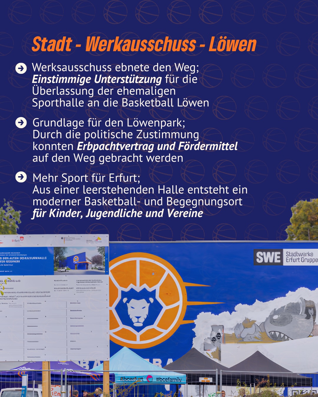 Starke Entscheidungen für ein starkes Erfurt! 🏙️🏀
Wir haben im Werkausschuss den Weg für den Löwenpark geebnet:
🦁 Halle überlassen
📑 Erbpacht & Fördermittel ermöglicht
🤝 Begegnungsort für Kinder & Jugendliche geschaffen
So entsteht aus einer leerstehenden Halle ein Ort, der unsere Stadt bewegt. 💙🧡
#erfurt #erfurterlöwen #baskteballlöwen #grüneerfurt #basketballerfurt