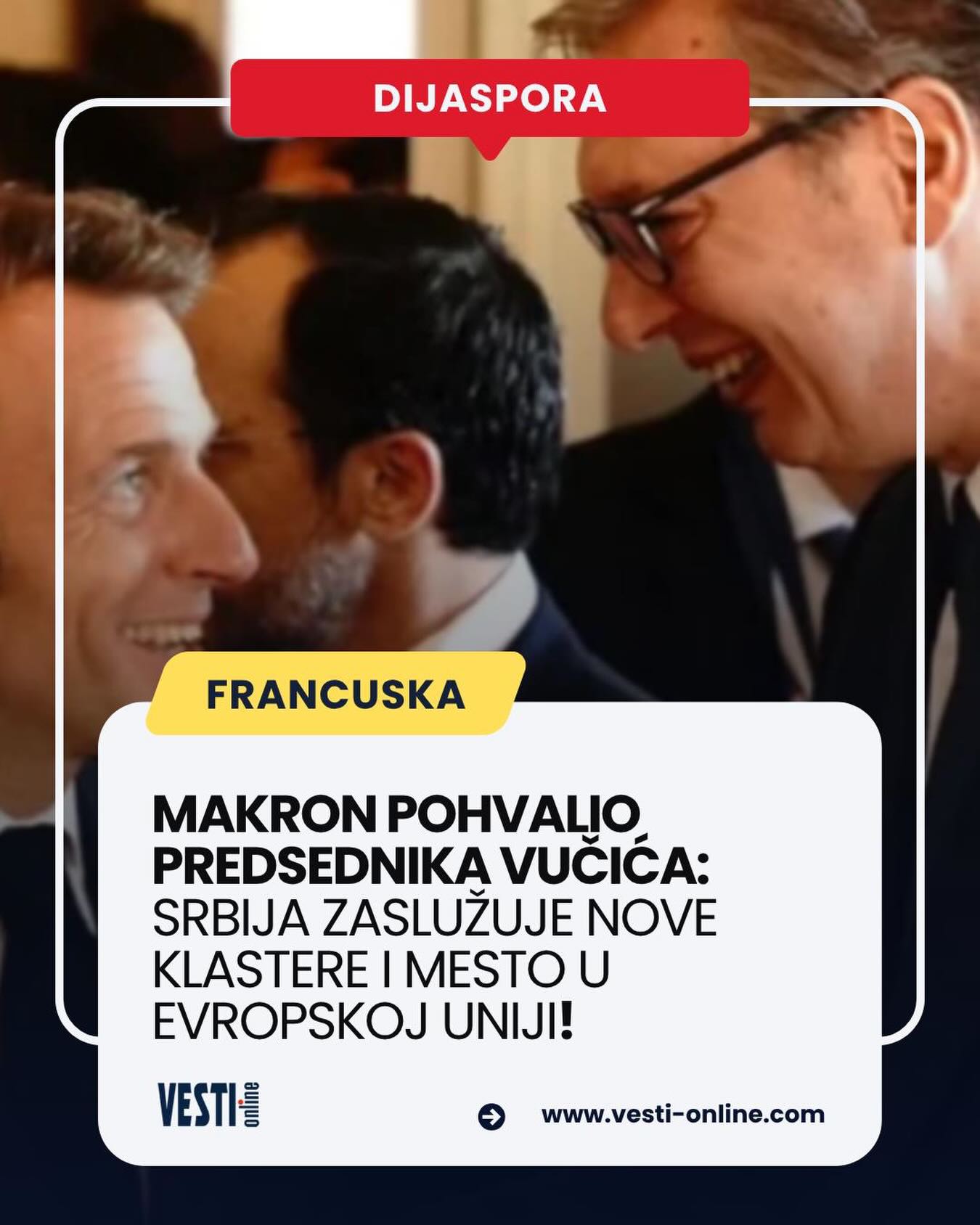 Francuski predsednik Emanuel Makron izjavio je danas da veruje u snažan pozitivan zamah Srbije na njenom evropskom putu i pohvalio napore predsednika Aleksandra Vučića, ističući da je došao trenutak za konkretne korake Evropske unije prema Beogradu.
Govoreći na marginama Samita Evropska unija – Zapadni Balkan u Tivtu, Makron je rekao da je sa predsednikom Vučićem imao veoma dobar razgovor i poručio da Srbija zaslužuje nastavak evropske integracije kroz otvaranje novih pregovaračkih klastera.
„Zaista verujem da postoji pozitivan zamah kada je reč o Srbiji na čelu sa vašim predsednikom. Verujem da će on pokrenuti niz veoma važnih reformi i smatram da mi, kao Evropljani, treba da napravimo značajan iskorak otvaranjem novih klastera“, rekao je Makron.
Opširnije na portalu vesti-online.com Francuski predsednik Emanuel Makron izjavio je danas da veruje u snažan pozitivan zamah Srbije na njenom evropskom putu i pohvalio napore predsednika Aleksandra Vučića, ističući da je došao trenutak za konkretne korake Evropske unije prema Beogradu.
Govoreći na marginama Samita Evropska unija – Zapadni Balkan u Tivtu, Makron je rekao da je sa predsednikom Vučićem imao veoma dobar razgovor i poručio da Srbija zaslužuje nastavak evropske integracije kroz otvaranje novih pregovaračkih klastera.
„Zaista verujem da postoji pozitivan zamah kada je reč o Srbiji na čelu sa vašim predsednikom. Verujem da će on pokrenuti niz veoma važnih reformi i smatram da mi, kao Evropljani, treba da napravimo značajan iskorak otvaranjem novih klastera“, rekao je Makron.
Opširnije na portalu vesti-online.com