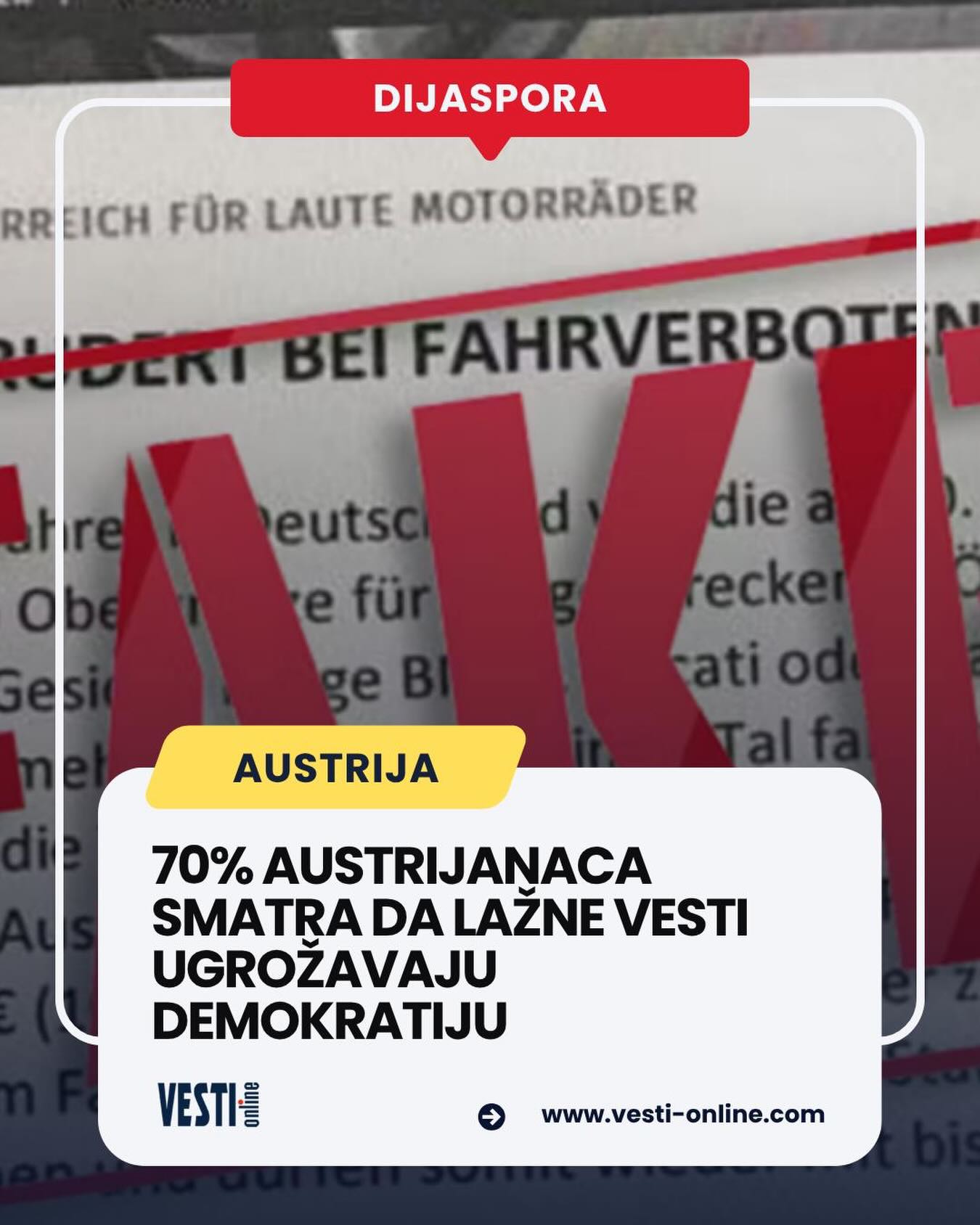Prsti koji neprestano prelaze preko ekrana mobilnih telefona, beskrajni tokovi informacija na društvenim mrežama i sve veća sumnja u ono što se čita i gleda – tako bi se ukratko mogla opisati atmosfera koju oslikava najnovija studija univerziteta u Salcburgu i Lincu, a koju prenosi austrijski javni servis „Zeit im Bild“. Prema rezultatima istraživanja, čak 70% građana Austrije smatra da lažne vesti i dezinformacije predstavljaju ozbiljnu pretnju poverenju u demokratiju, politički sistem i tradicionalne medije.
Opširnije na portalu vesti-online.com Prsti koji neprestano prelaze preko ekrana mobilnih telefona, beskrajni tokovi informacija na društvenim mrežama i sve veća sumnja u ono što se čita i gleda – tako bi se ukratko mogla opisati atmosfera koju oslikava najnovija studija univerziteta u Salcburgu i Lincu, a koju prenosi austrijski javni servis „Zeit im Bild“. Prema rezultatima istraživanja, čak 70% građana Austrije smatra da lažne vesti i dezinformacije predstavljaju ozbiljnu pretnju poverenju u demokratiju, politički sistem i tradicionalne medije.
Opširnije na portalu vesti-online.com