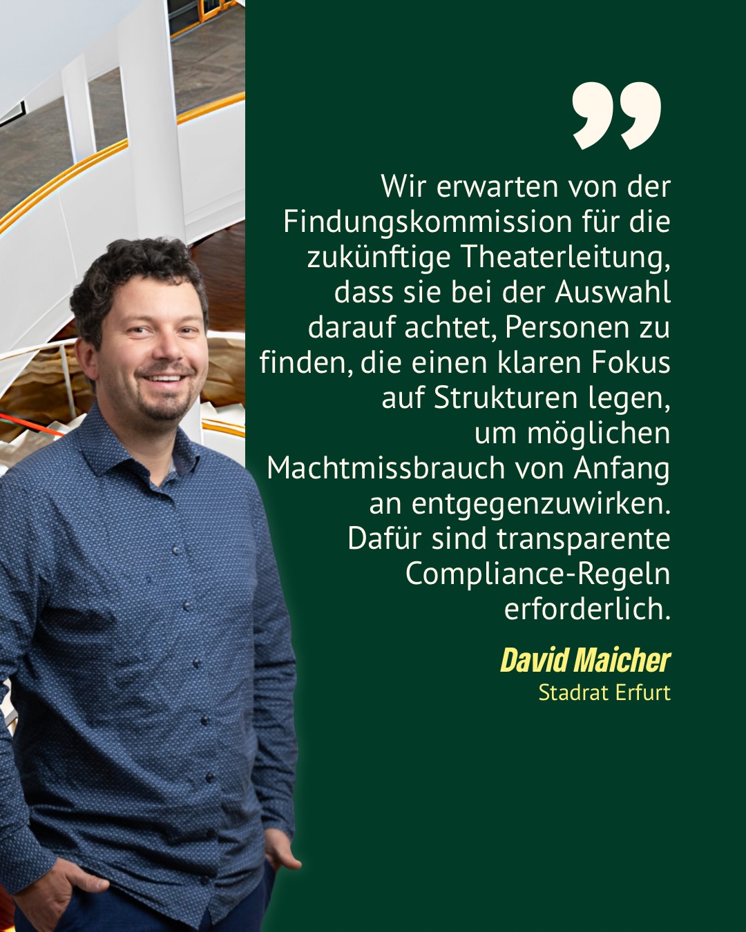 🎭 Die Theater-Affäre hat deutliche Missstände offengelegt: Vorwürfe von Machtmissbrauch, problematische Führungsstrukturen und mangelnde Kontrolle.
Wir ziehen keinen Schlussstrich. Jetzt geht es darum, Konsequenzen zu ziehen, Vertrauen zurückzugewinnen und die Weichen für einen Neustart zu stellen. Transparenz, Verantwortung und wirksame Compliance-Strukturen müssen dabei im Mittelpunkt stehen‼️
#erfurt #grüneerfurt #theateraffäre #theatererfurt #theater