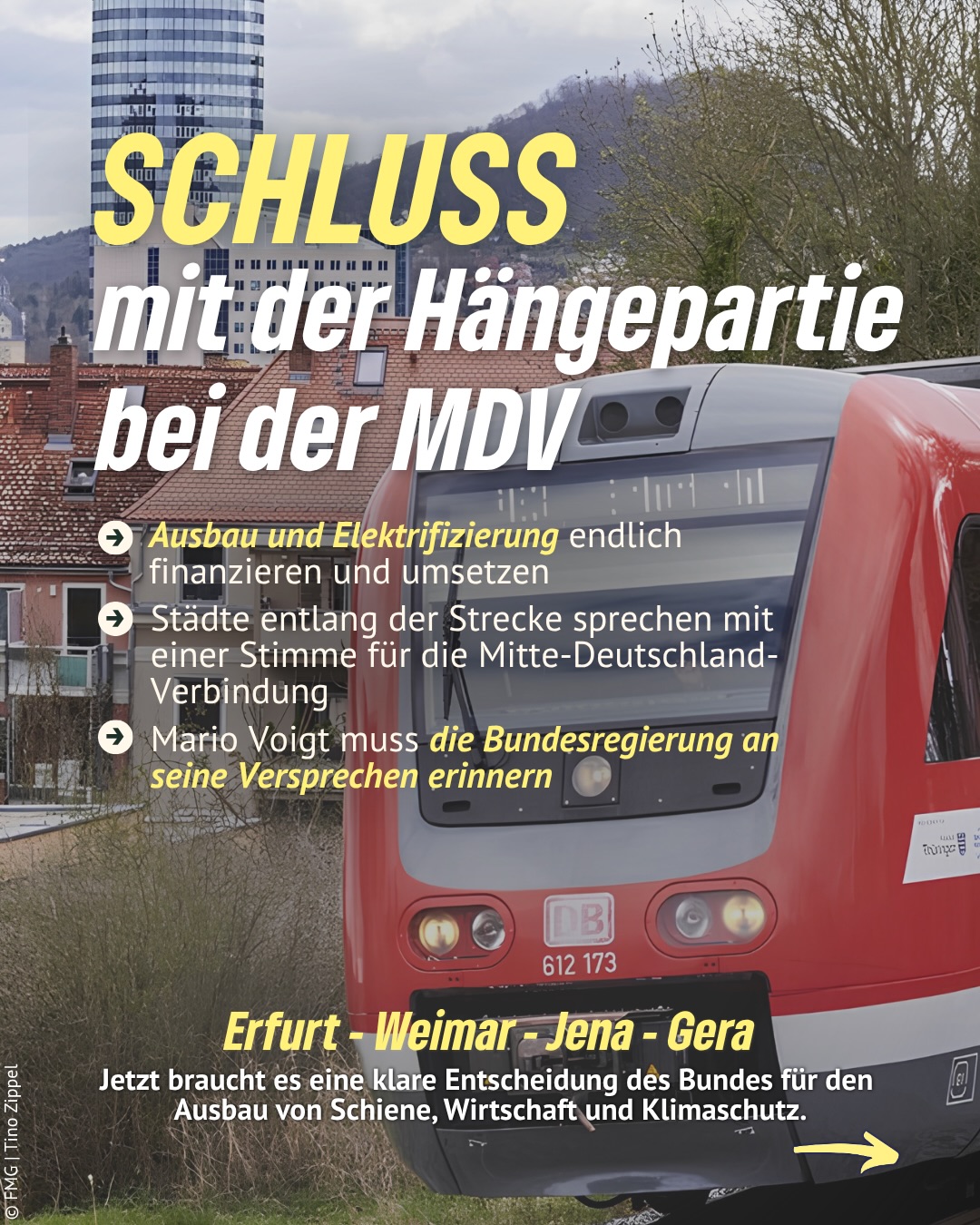 ⏳Genug gewartet.
Die Finanzierung für Ausbau und Elektrifizierung der Mitte-Deutschland-Verbindung muss endlich kommen. Unsere Städte sprechen mit einer Stimme:
Wer eine moderne Verkehrsinfrastruktur will, muss jetzt handeln. Die Bundesregierung steht in der Verantwortung. 🚆⚡️
#mittedeutschlandverbindung #erfurt #weimar #jena #gera