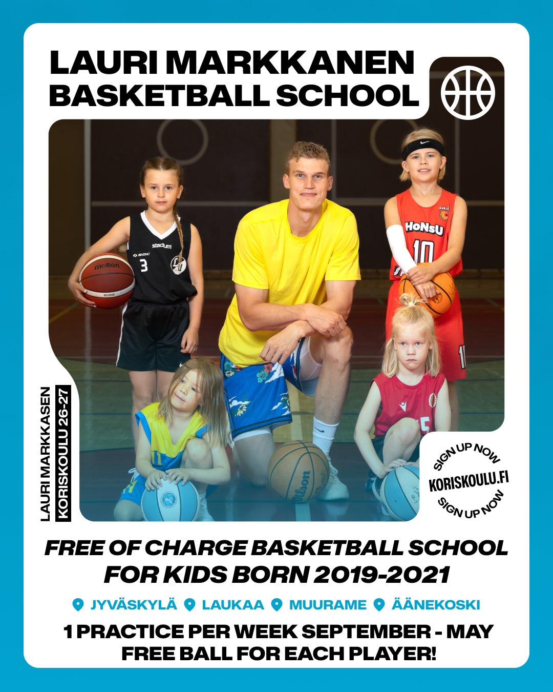 🏀 Lauri Markkasen Koriskoulut 2026–2027 – ilmoittautuminen aukeaa tänään!
Täysin maksuttomat ja supersuositut Lauri Markkasen Koriskoulut käynnistyvät jälleen syyskuussa Jyväskylässä, Muuramessa, Laukaassa ja Äänekoskella!
🗓️ Ilmoittautuminen aukeaa keskiviikkona 15.7. klo 17.00
➡️ www.koriskoulu.fi
⚠️ Paikkoja rajoitetusti, joten ilmoittaudu äkkiä!
🏀 Koriskoulu on tarkoitettu 2019–2021 syntyneille tytöille ja pojille, sekä Jyväskylässä myös 2012–2020 syntyneille erityislapsille.
Koriskoulu sisältää:
✅ Yhden harjoituksen viikossa syyskuusta toukokuuhun
✅ Maksuttoman koripallon
✅ Vakuutuksen
✅ Paljon liikunnan iloa ja uusia kavereita!
📍 Koriskoulut 2026–2027
Jyväskylä
🏀 Huhtasuon koulu
🏀 Jokelan koulu
🏀 Keljonkangas Aapistie
🏀 Keltinmäen koulu
🏀 Keski-Palokan koulu
🏀 Kortepohjan päiväkotikoulu
🏀 Kuokkalan Graniitti
🏀 Kypärämäen koulu
🏀 Lohikosken koulu
🏀 Vaajakummun koulu
🏀 Valteri-koulu Onerva
Muurame
🏀 Kulttuurikeskus
Laukaa
🏀 Kirkonkylän koulu
Säynätsalo
🏀 Lehtisaaren kuntotalo
🏀 Muuratsalon koulu
Äänekoski
🏀 Äänekosken yhtenäiskoulu
💗 Jyväskylässä järjestetään myös vain tytöille suunnattuja ryhmiä sekä 2012–2020 syntyneiden erityislasten ryhmä Valteri-Onervan koululla.
➡️ Lisätiedot ja ilmoittautuminen:
www.koriskoulu.fi
Huom! Mikäli lapsesi on jo Koriskoulun ikärajan ylittänyt, alueen koripalloseurat tarjoavat maksuttomia kokeilujaksoja myös vanhemmille lapsille. Kysy lisätietoja omalta lähiseuraltasi!
🇬🇧 Free of charge Lauri Markkanen Basketball School
Registration opens Wednesday 15 July at 17:00.
➡️ www.koriskoulu.fi
The basketball school is free of charge and open to girls and boys born in 2019–2021.
Practices are held once a week from September to May in Jyväskylä, Muurame, Laukaa, Säynätsalo and Äänekoski.
The program includes:
✅ Weekly practices
✅ A free basketball
✅ Insurance
Sign up now!
➡️ www.koriskoulu.fi