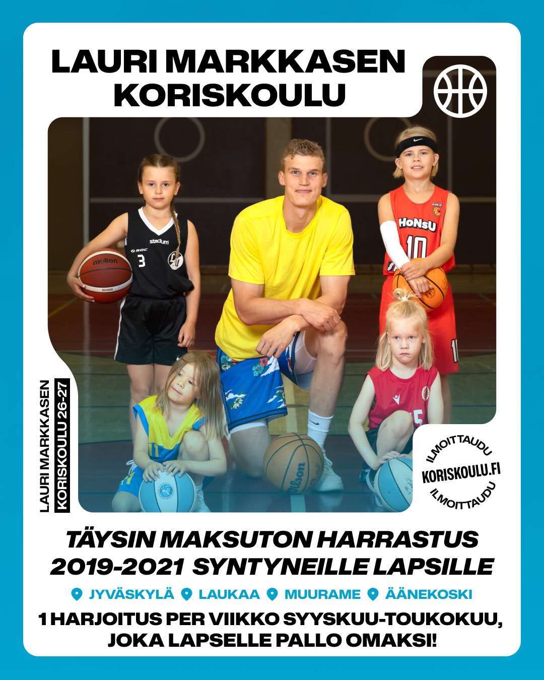 🏀 Lauri Markkasen Koriskoulut 2026–2027 – ilmoittautuminen aukeaa tänään!
Täysin maksuttomat ja supersuositut Lauri Markkasen Koriskoulut käynnistyvät jälleen syyskuussa Jyväskylässä, Muuramessa, Laukaassa ja Äänekoskella!
🗓️ Ilmoittautuminen aukeaa keskiviikkona 15.7. klo 17.00
➡️ www.koriskoulu.fi
⚠️ Paikkoja rajoitetusti, joten ilmoittaudu äkkiä!
🏀 Koriskoulu on tarkoitettu 2019–2021 syntyneille tytöille ja pojille, sekä Jyväskylässä myös 2012–2020 syntyneille erityislapsille.
Koriskoulu sisältää:
✅ Yhden harjoituksen viikossa syyskuusta toukokuuhun
✅ Maksuttoman koripallon
✅ Vakuutuksen
✅ Paljon liikunnan iloa ja uusia kavereita!
📍 Koriskoulut 2026–2027
Jyväskylä
🏀 Huhtasuon koulu
🏀 Jokelan koulu
🏀 Keljonkangas Aapistie
🏀 Keltinmäen koulu
🏀 Keski-Palokan koulu
🏀 Kortepohjan päiväkotikoulu
🏀 Kuokkalan Graniitti
🏀 Kypärämäen koulu
🏀 Lohikosken koulu
🏀 Vaajakummun koulu
🏀 Valteri-koulu Onerva
Muurame
🏀 Kulttuurikeskus
Laukaa
🏀 Kirkonkylän koulu
Säynätsalo
🏀 Lehtisaaren kuntotalo
🏀 Muuratsalon koulu
Äänekoski
🏀 Äänekosken yhtenäiskoulu
💗 Jyväskylässä järjestetään myös vain tytöille suunnattuja ryhmiä sekä 2012–2020 syntyneiden erityislasten ryhmä Valteri-Onervan koululla.
➡️ Lisätiedot ja ilmoittautuminen:
www.koriskoulu.fi
Huom! Mikäli lapsesi on jo Koriskoulun ikärajan ylittänyt, alueen koripalloseurat tarjoavat maksuttomia kokeilujaksoja myös vanhemmille lapsille. Kysy lisätietoja omalta lähiseuraltasi!
🇬🇧 Free of charge Lauri Markkanen Basketball School
Registration opens Wednesday 15 July at 17:00.
➡️ www.koriskoulu.fi
The basketball school is free of charge and open to girls and boys born in 2019–2021.
Practices are held once a week from September to May in Jyväskylä, Muurame, Laukaa, Säynätsalo and Äänekoski.
The program includes:
✅ Weekly practices
✅ A free basketball
✅ Insurance
Sign up now!
➡️ www.koriskoulu.fi