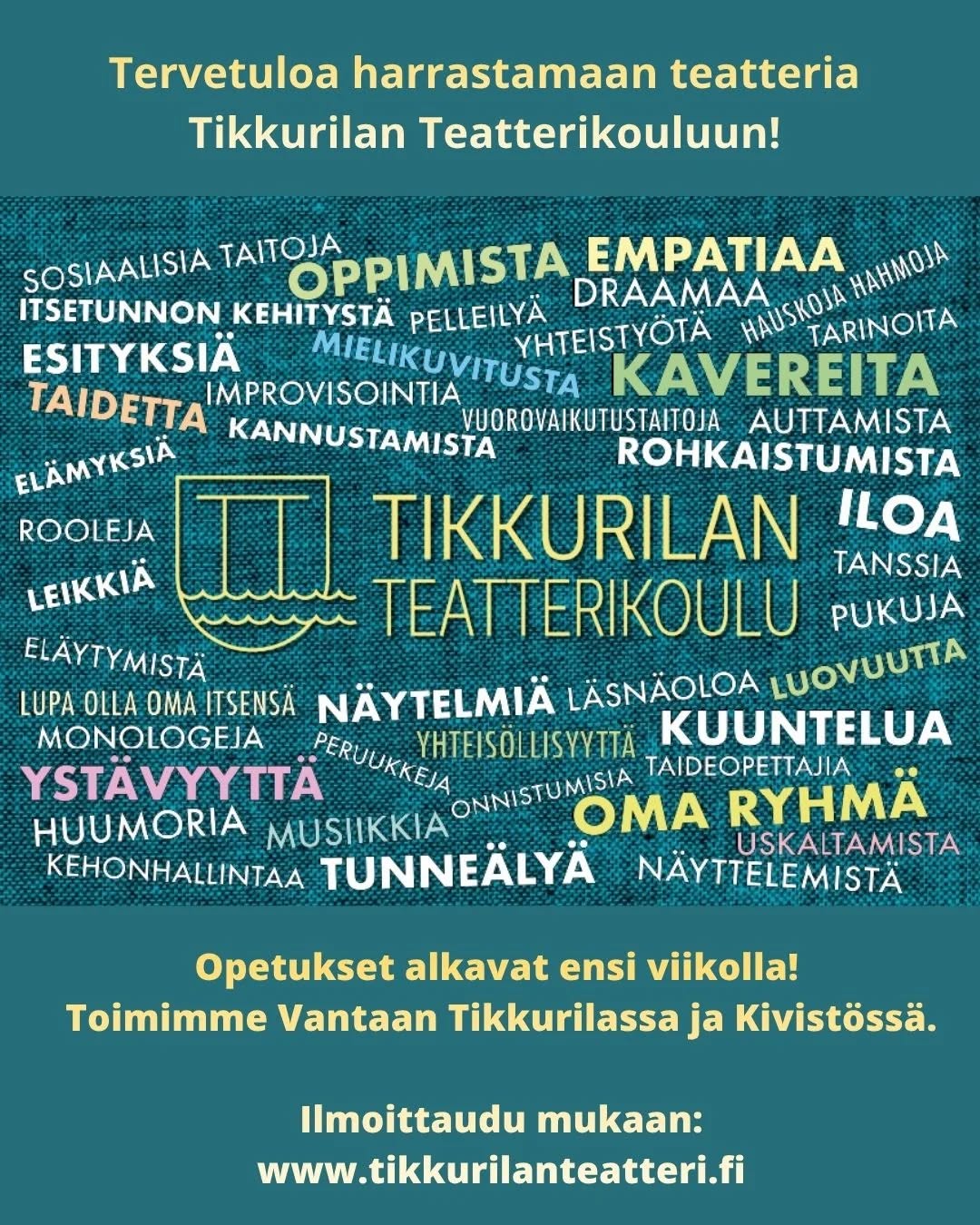 Tervetuloa Tikkurilan Teatterikouluun, ilmoittautuminen syksyn opetukseen on vielä käynnissä! ✨️ Opetukset alkavat ensi viikolla. Tikkurilan Teatterik…