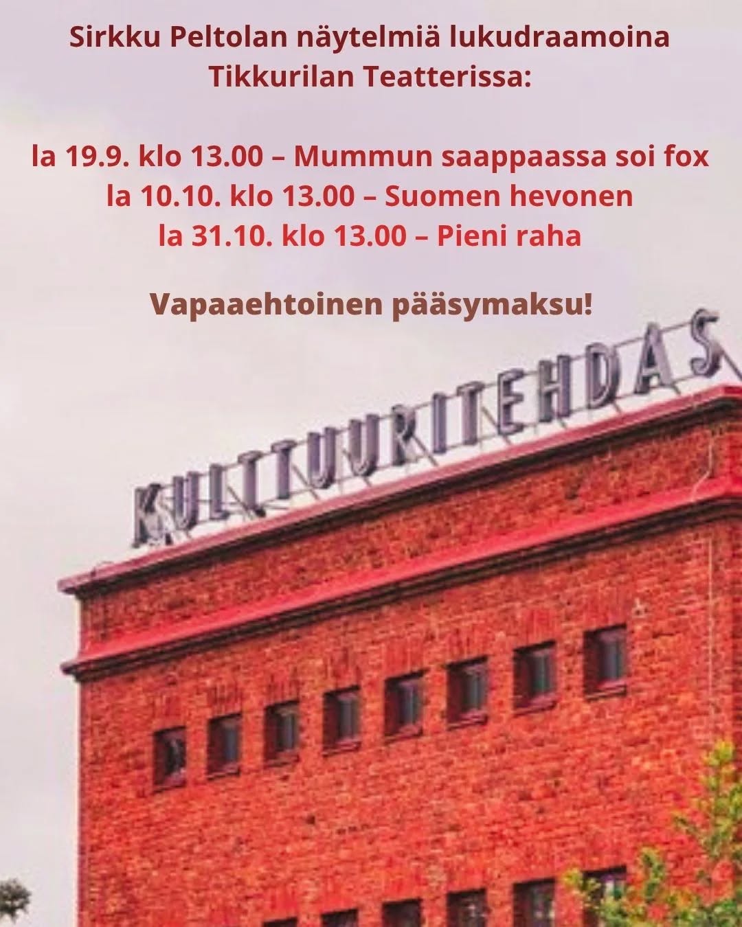 Lukudraamaa Tikkurilan Teatterissa! 🤩 Kolme lauantaita. Kolme vaikuttavaa näytelmää. Yksi suomalaisen nykyteatterin merkittävimmistä näytelmäkirjailij…