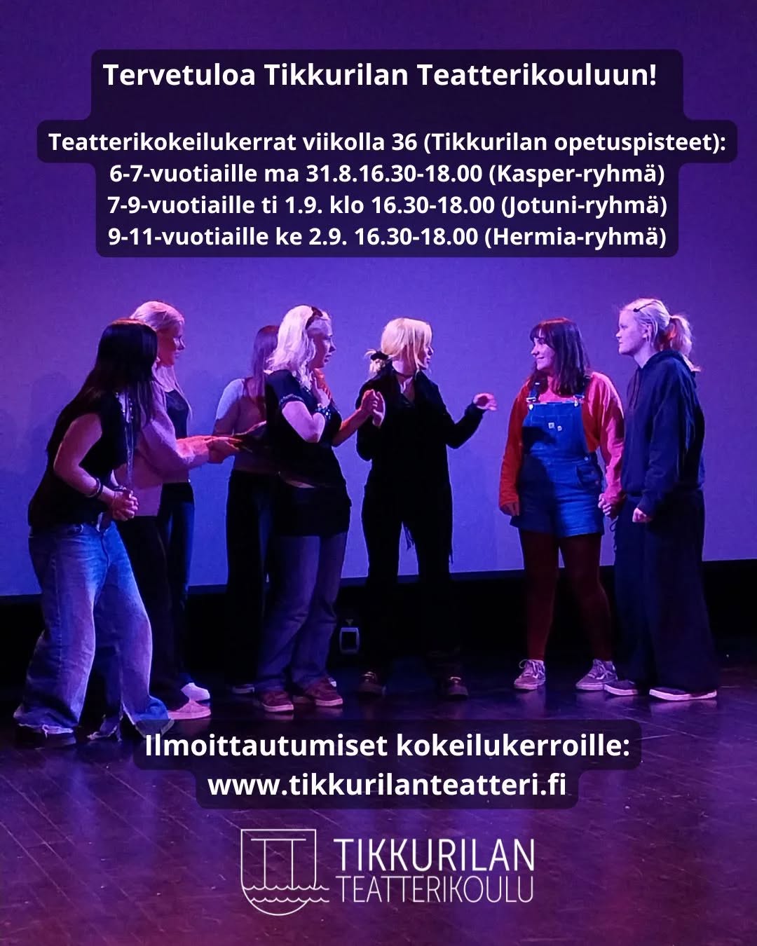 Tervetuloa ensi viikolla Tikkurilan Teatterikoulun maksuttomille teatterikokeilukerroille Tikkurilan opetuspisteisiin! ✨️ TEATTERIKOKEILUKERRAT: ✨ Kas…