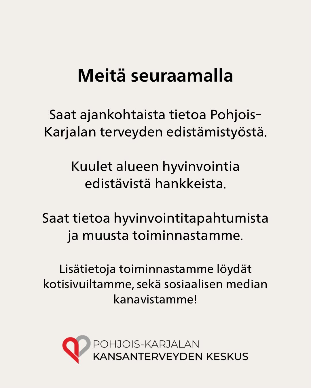 Mikä on Pohjois-Karjalan Kansanterveyden keskus❓❔
Työmme juuret ulottuvat yli 50 vuoden taakse Pohjois-Karjala -projektiin, joka osoitti ennaltaehkäisevän terveyden edistämisen ja yhteisöllisen toiminnan voiman. Projektin ansiosta sydäntautikuolleisuus väheni merkittävästi ja alueen asukkaiden elinajanodote piteni⤴️
Tänään jatkamme tätä työtä edistämällä terveyttä ja hyvinvointia eri ikäryhmissä ja erilaisissa arkiympäristöissä🌲
Tuemme terveellisiä elintapoja, vahvistamme hyvinvointia ja ehkäisemme sairauksia yhteistyössä kuntien, hyvinvointialueen, järjestöjen ja yhdistysten kanssa☀️
Tavoitteenamme onkin hyvinvoiva ihminen🫶
#terveys #terveydenedistäminen #pohjoiskarjalankansanterveydenkeskus #hyvinvointi
