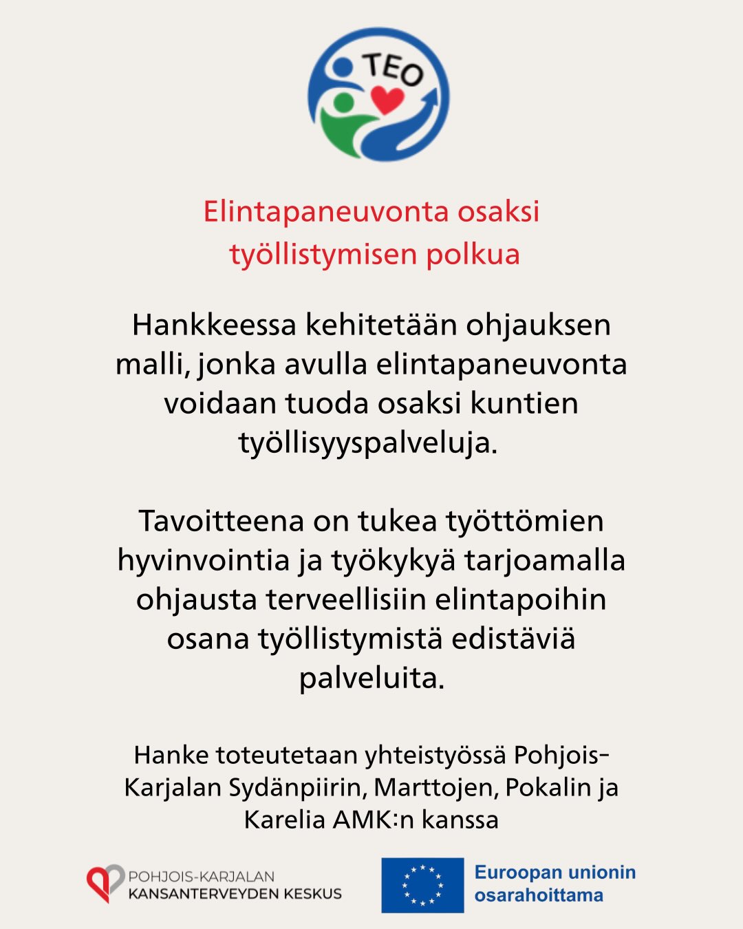 Käynnissä olevat hankkeemme syksyllä 2026☀️
Hankkeiden avulla voimme suunnata osaamistamme ja resurssejamme sinne, missä niitä tarvitaan eniten. Edistämme terveyttä ja hyvinvointia muun muassa tukemalla terveellisiä elintapoja, päihteettömyyttä ja kansansairauksien ennaltaehkäisyä. 🫶 Hankkeet toteutetaan laajassa yhteistyöstä eri toimijoiden kanssa!
Hankkeissa syntyy yhteistyötä, uusia toimintamalleja, kohtaamisia,sekä tekoja terveyden ja hyvinvoinnin edistämiseksi.
Tutustu postauksessa syksyllä 2026 käynnissä oleviin hankkeisiin, sekä seuraa hankkeiden kulkua niiden omissa kanavissa!
@ihmistenhuoltoasema @muksuperhe @teo_hanke @matriarkka_hanke
#terveys #terveydenedistäminen #hyvinvointi #pohjoiskarjala