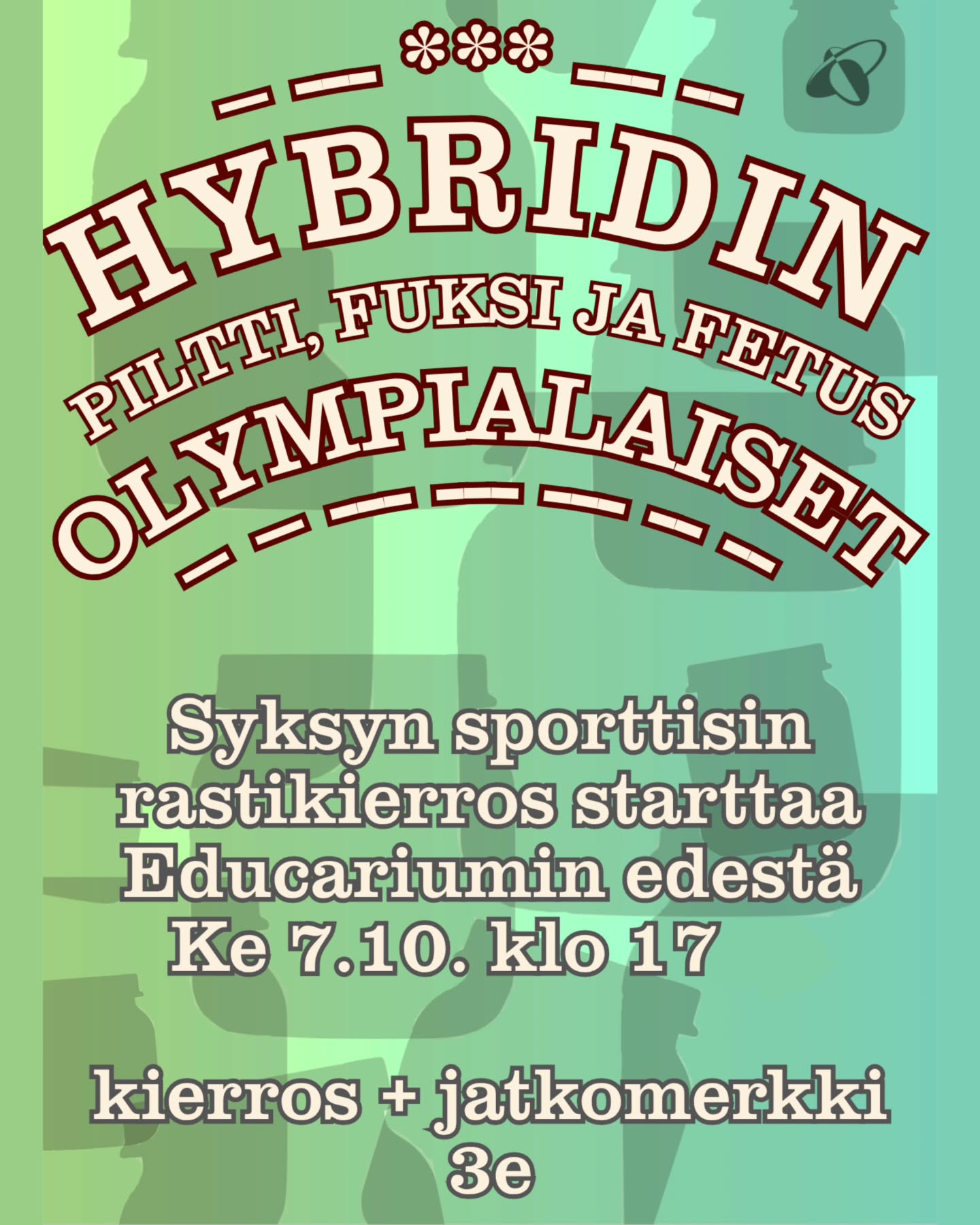 FI/EN
Jo kesä väistyypi ja viileneepi illat…
Onneksi Hybridin Olympialaiset laittaa piltit, fuksit ja fetukset liikkeelle!
Tämä vähän sporttisempi rastikierros vietetään tänä vuonna keskiviikkona 7.10.2026. Tapahtumaan ei ole erillistä ilmoittautumista. Riittää kun saavut soolona tai 2-3 hengen porukassa starttiin Educariumin ja Publicumin edustalle klo 17. Alkuun kerätään osallistumismaksut ja jaetaan ryhmät. 3€ hintaan kuuluu himottu pilttipurkki-merkki, jolla pääsee myös sisään jatkoille Vegasiin. Kierroksella menestyneet on määrä palkita heti kierroksen päätyttyä noin klo 21. Ei siis kannata livistää ennenaikaisesti bilettämään!
Kierros on tarkoitettu uusille opiskelijoille. Jatkot eli piltti-, fuksi- ja fetus- ILTAMAT ovat avoimet kaikille! ;) Jos tahtoisit vanhempana opiskelijana/tuutorina Olympialaisiin mukaan pitämään rastia tai auttamaan starttiin voit ottaa yhteyttä Telegramissa ouzej
TL;DR:
MITÄ? Hybridin Piltti, Fuksi ja Fetus Olympialaiset!
MISSÄ? Yliopiston kampus
MILLON? Ke 7.10. klo 17 alkaen
PALJON? 3€ (kierros+jatkot)
MIKS? Koska hauskaa rasteilua ja pilttipurkki!😱
________________
For international students it is possible to join as a group of 6-8 people, so you'll get to experience this race together!
Slowly but surely, the winter is coming…
Luckily the Hybridi Olympics will get all the freshmen moving!
This event is a bit sportier checkpoint race. It starts at the front of Educarium and Publicum on 7th October at 5 pm. No registration beforehand is needed. We start by taking the ticket fee of 3€, which gets you a patch that also gets you to the afterparty in Night Club Vegas. The most accomplished groups will be rewarded right after the race about 9 pm. So don’t hurry to the afterparty before that!
For any futher questions please contact telegram: ouzej or email hybridi@utu.fi
(A new student is called Piltti in the faculty of natural sciences, Fetus in the faculty of medicine and Fuksi in most places, including the faculty of technology)