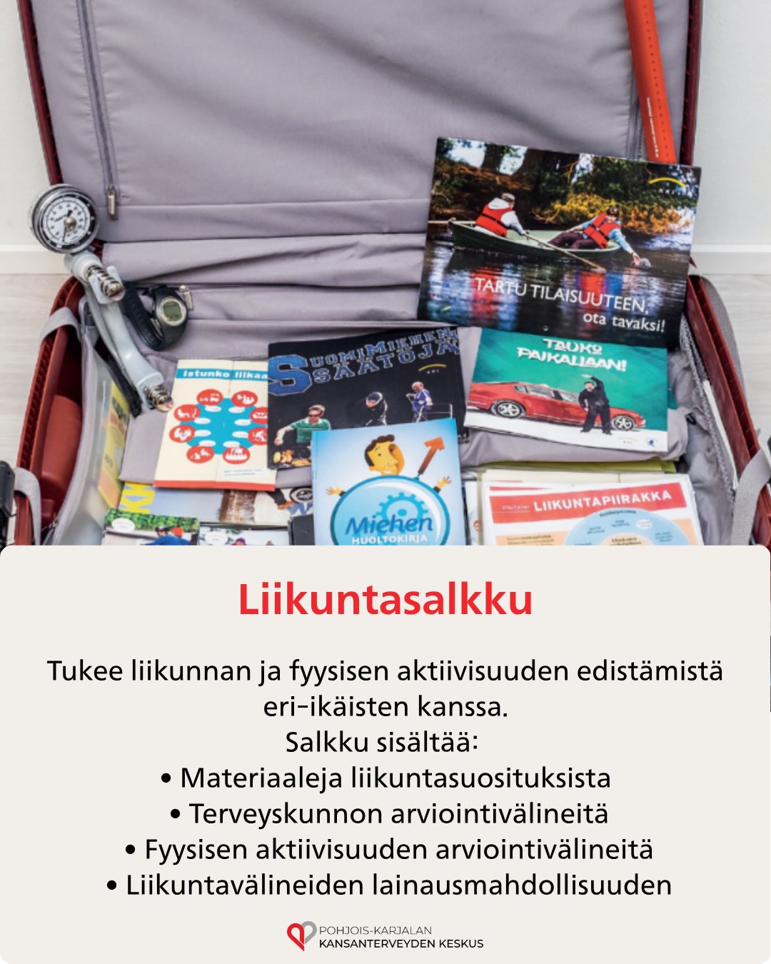 Tiesitkö, että miellä Kansanterveyden keskuksella on lainattavia erilaisia salkkuja terveyden ja hyvinvoinnin edistämiseen☀️
Uusin salkuistamme keskittyy ruokakasvatukseen ja laukku sopiikin erinomaisesti alakoulun ruokakasvatukseen🌽🍎🥕
Lisäksi salkkuja löytyy:
- Ravitsemuksesta
- Liikunnasta
- Päihteettömyydestä
- Nikotiinittomuudesta
- Mielenterveydestä
- Nuorten seksuaalisuudesta
- Kaksi lapsille suunnattua Semppi-salkkua
Salkkujen lainaaminen on maksutonta kotisivujemme varauslomakkeiden kautta🫶
Linkin varauslomakkeisiin löydät myös biostamme!
#pohjoiskarjalankansanterveydenkeskus #terveydenedistäminen #hyvinvointi #ruokakasvatus #terveys